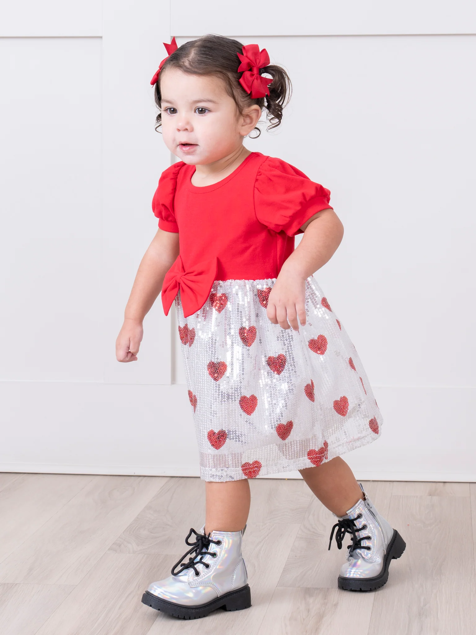Silver Sparkle Hearts Sequin Puff Sleeve Dress - Image 4
