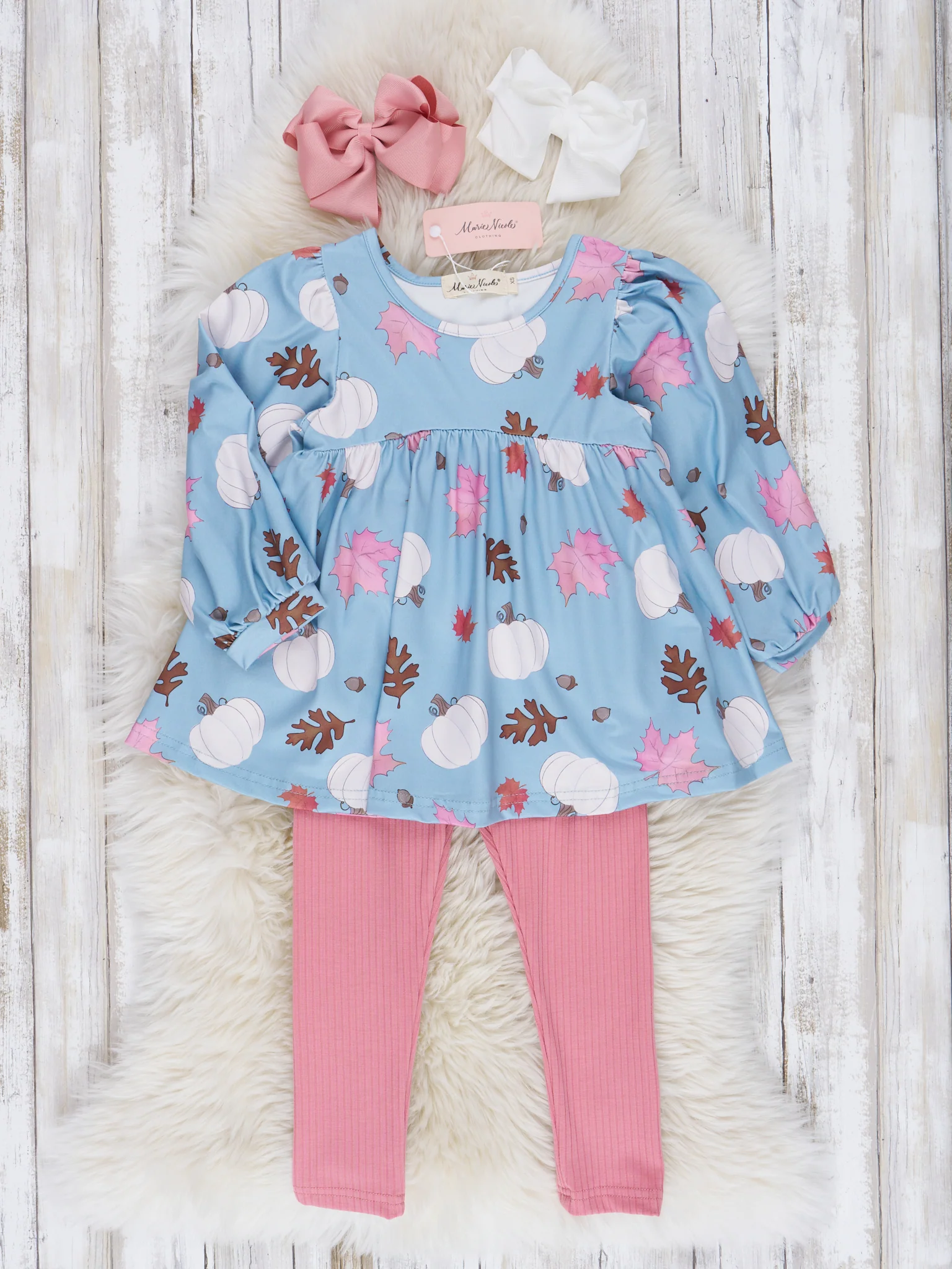 Sky Blue & Dusty Rose Puff Sleeve Pumpkin Outfit