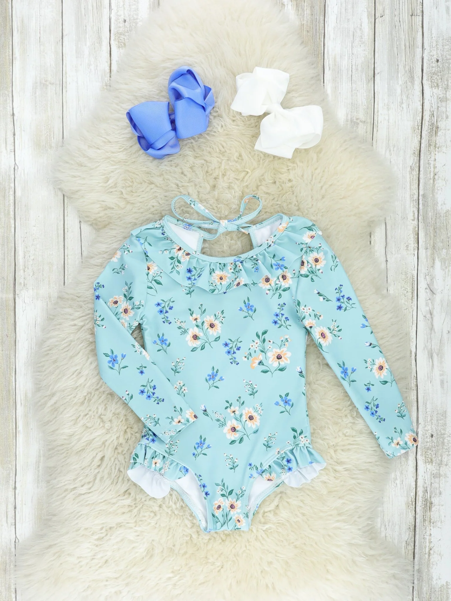 Sky Blue Floral Ruffle Rash Guard Swimsuit