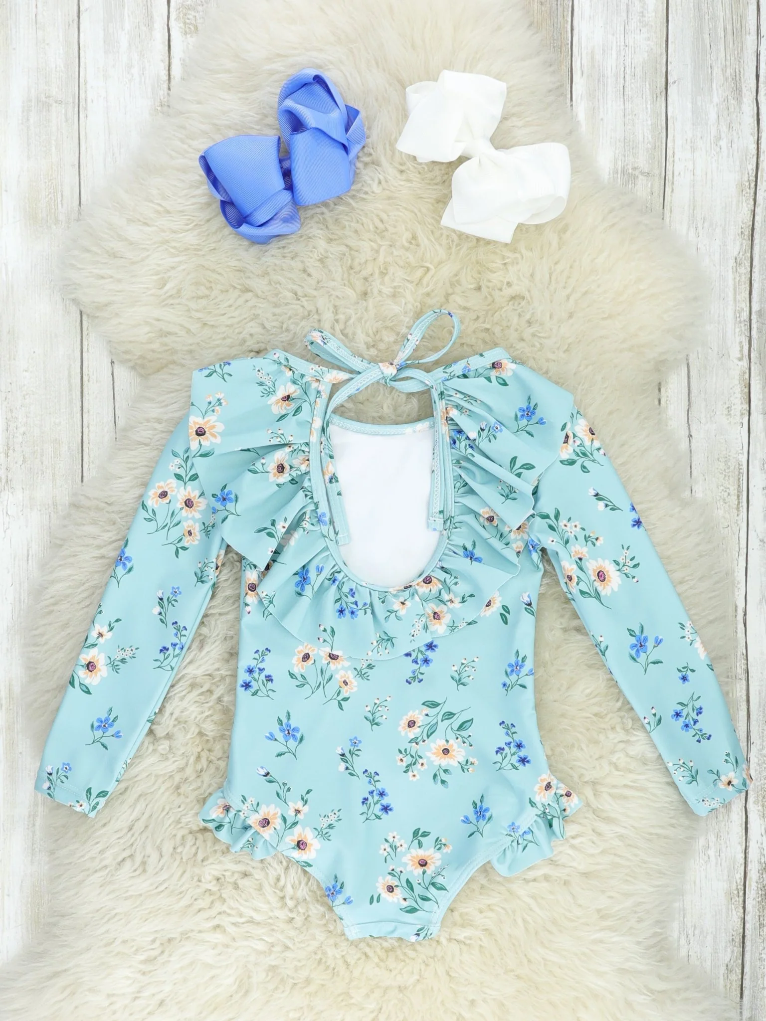 Sky Blue Floral Ruffle Rash Guard Swimsuit - Image 2