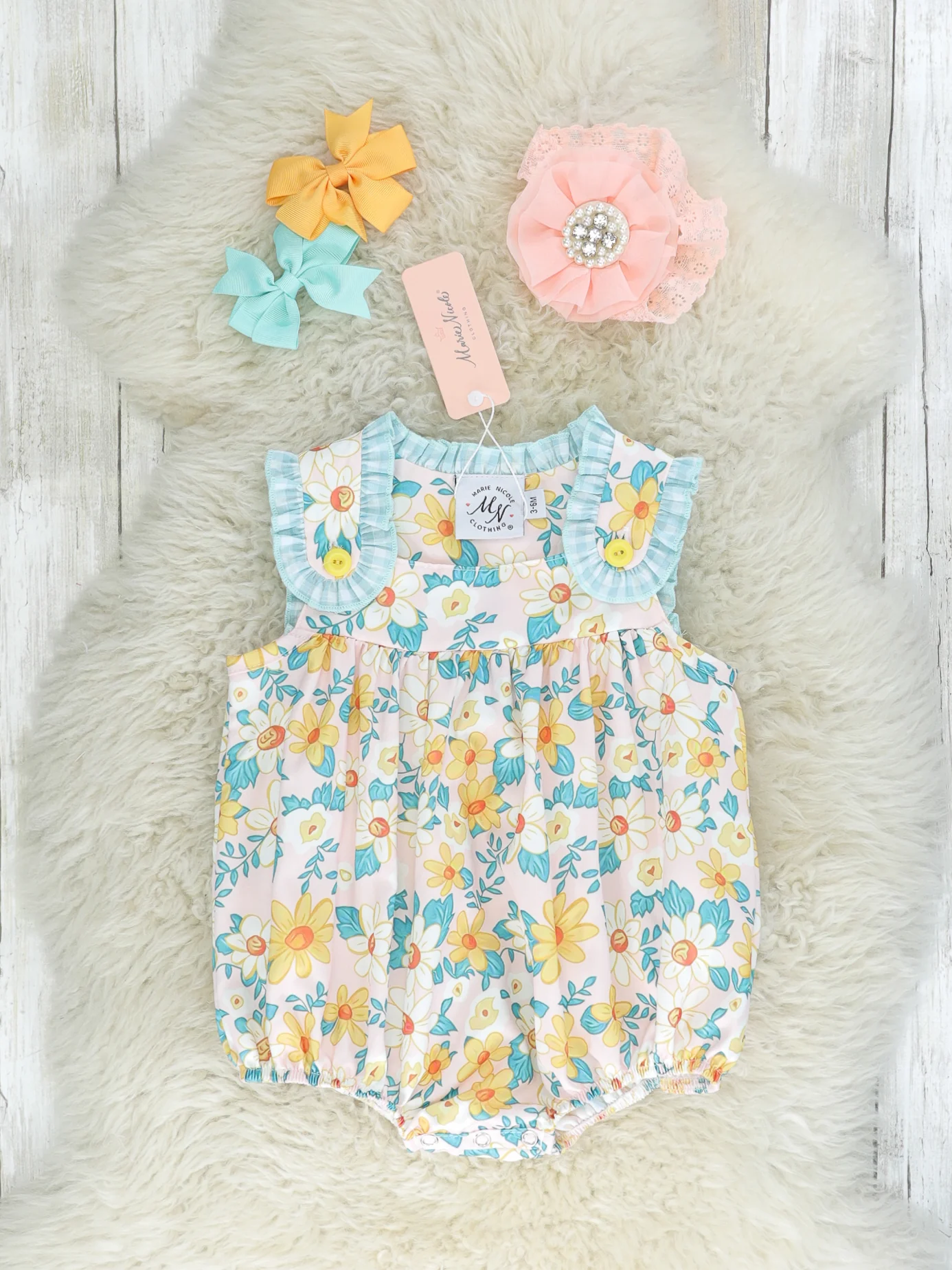 Sky Blue Gingham Daisy Bubble Romper