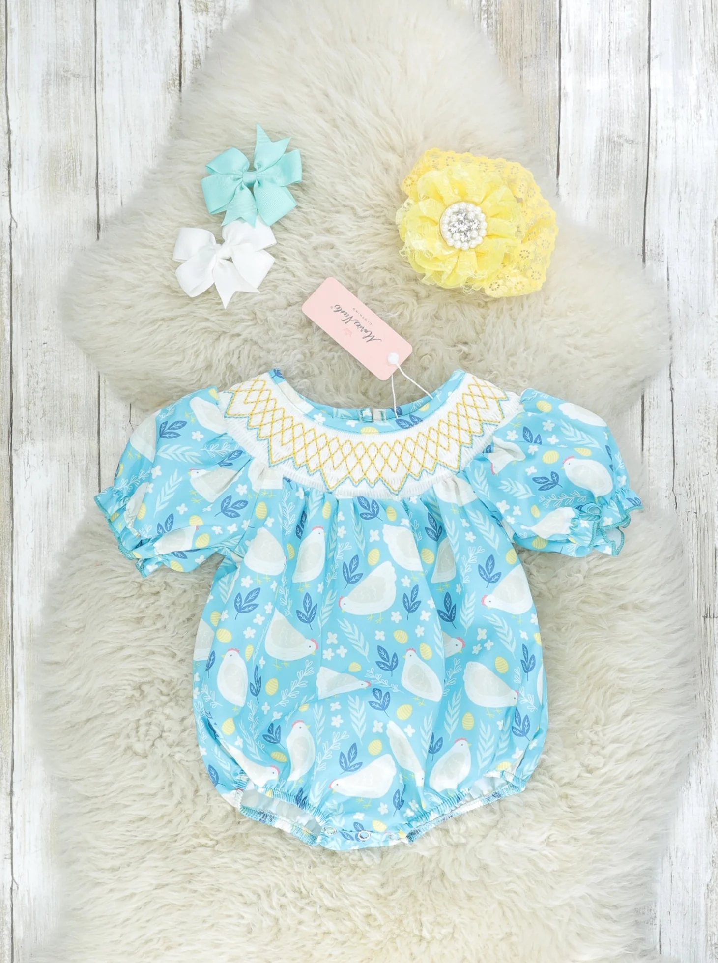 Sky Blue Smocked Chicken Romper