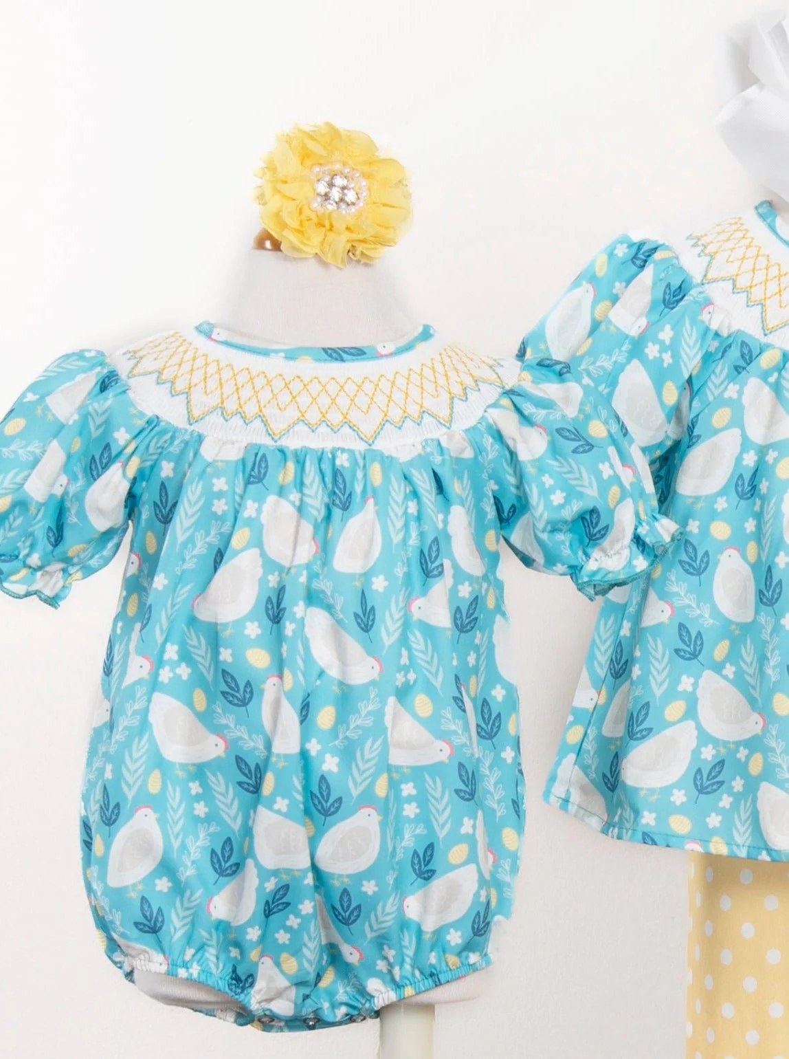 Sky Blue Smocked Chicken Romper - Image 2