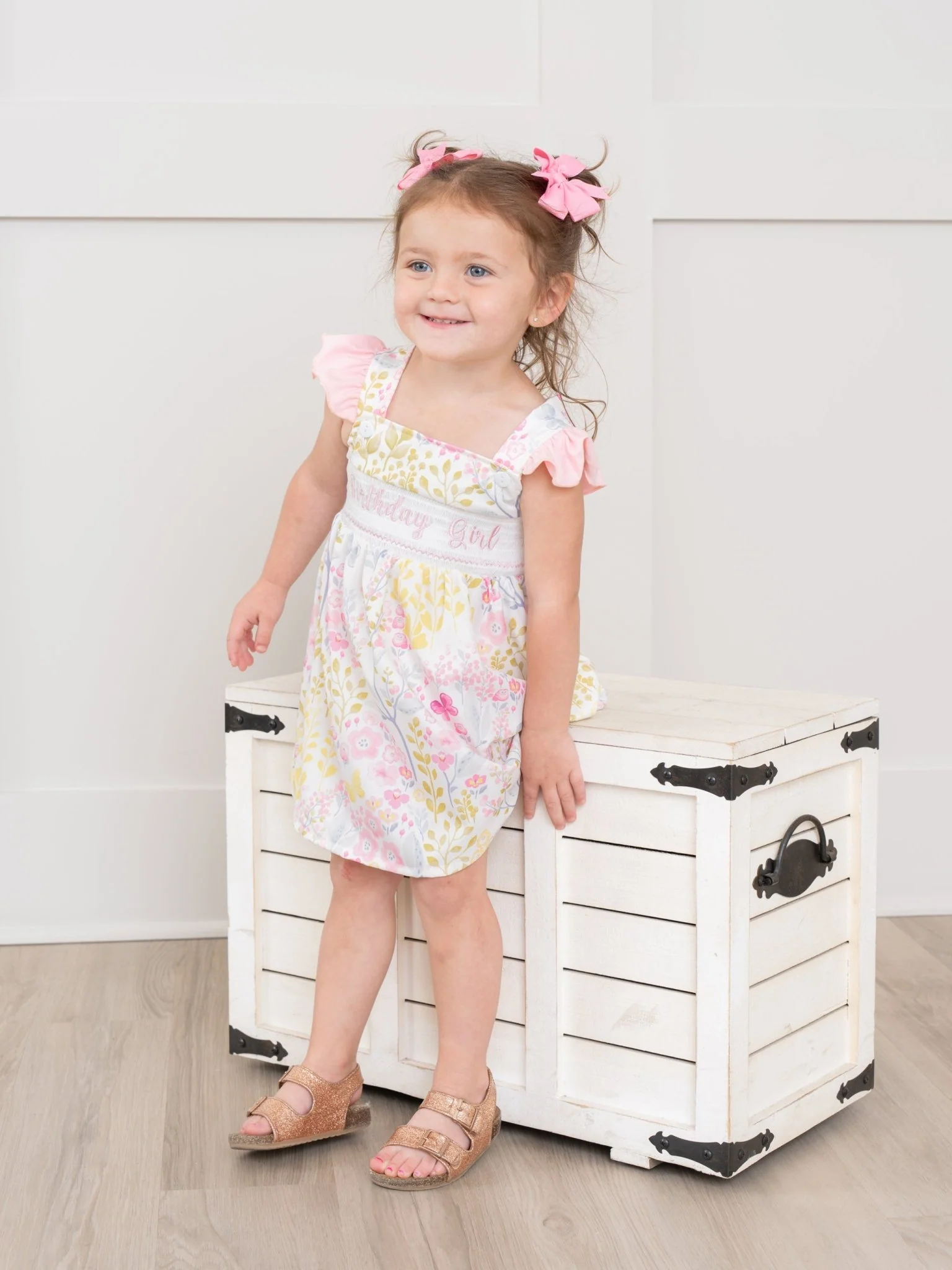 Smocked "Birthday Girl" Floral Ruffle Dress