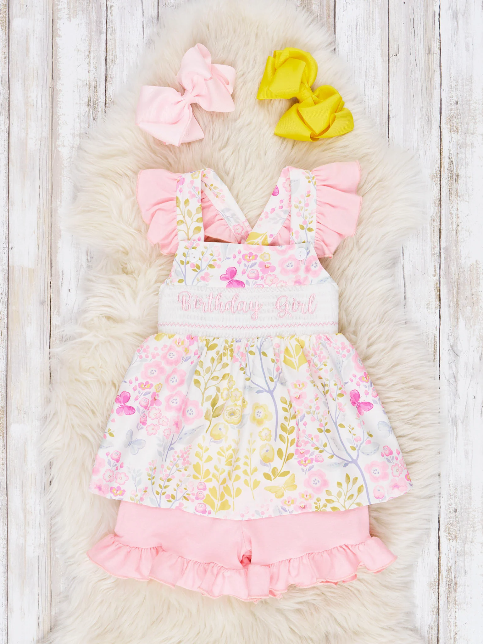 Smocked "Birthday Girl" Floral Ruffle Outfit
