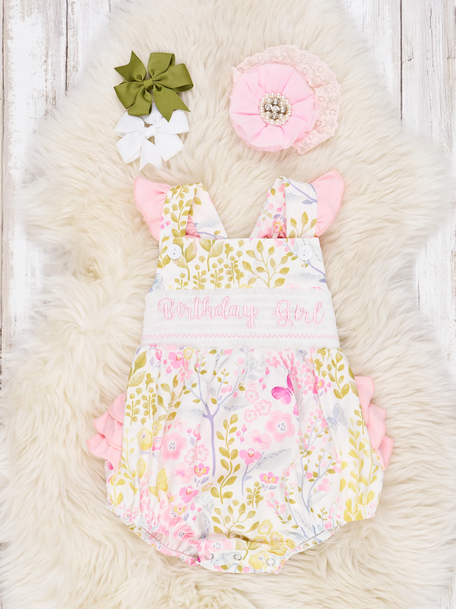 Smocked "Birthday Girl" Floral Ruffle Romper