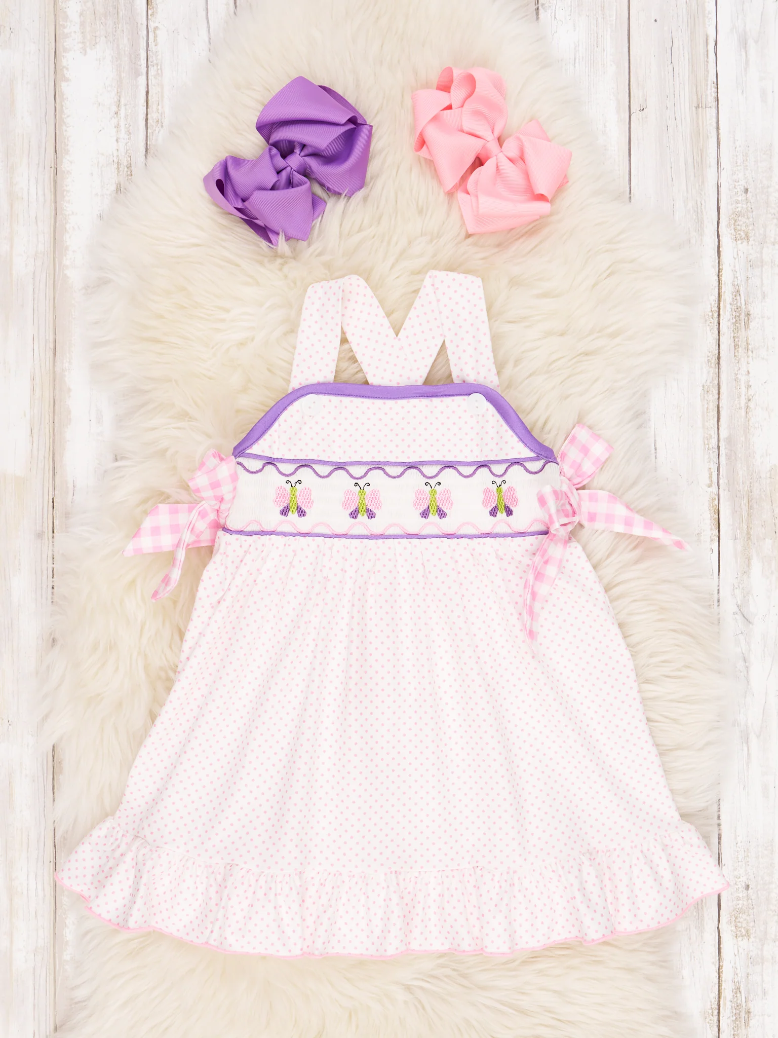 Smocked Butterfly Polka Dot Ruffle Dress
