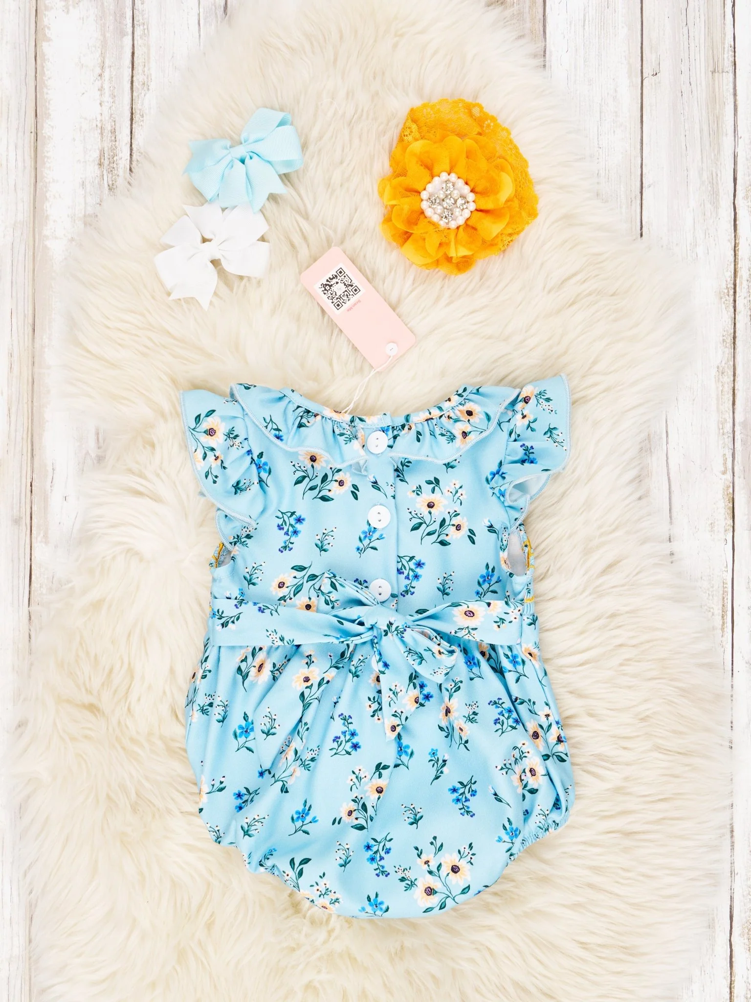 Smocked Cornflower Ruffle Tie Bubble Romper - Image 2