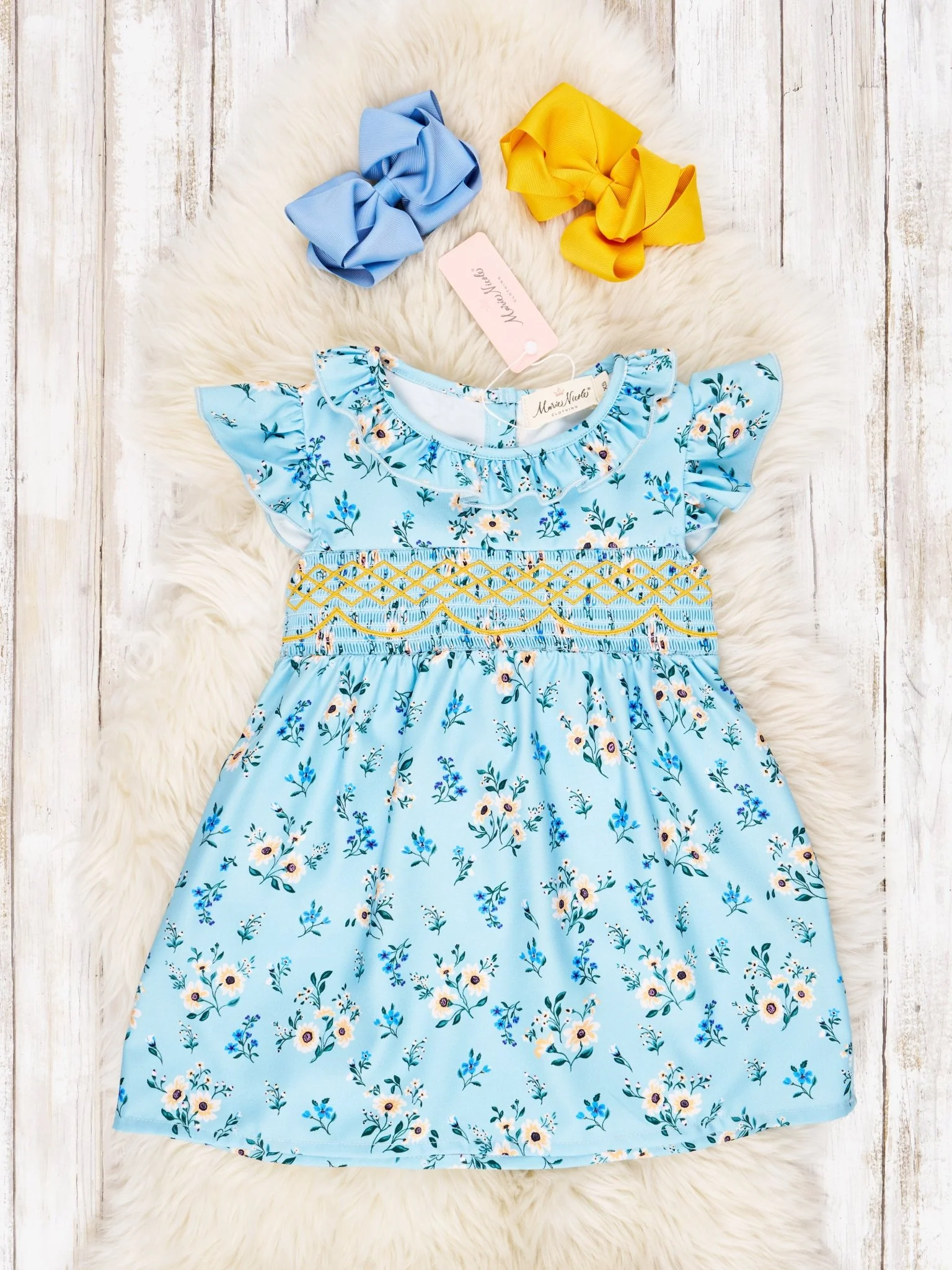Smocked Cornflower Ruffle Tie Dress