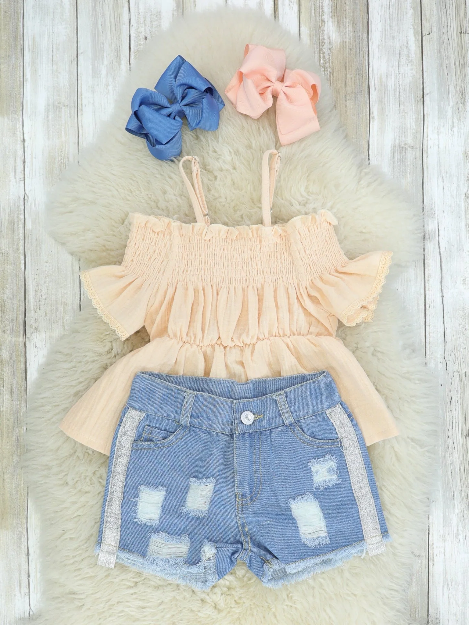 Smocked Light Peach Top & Distressed Denim Outfit - Image 2