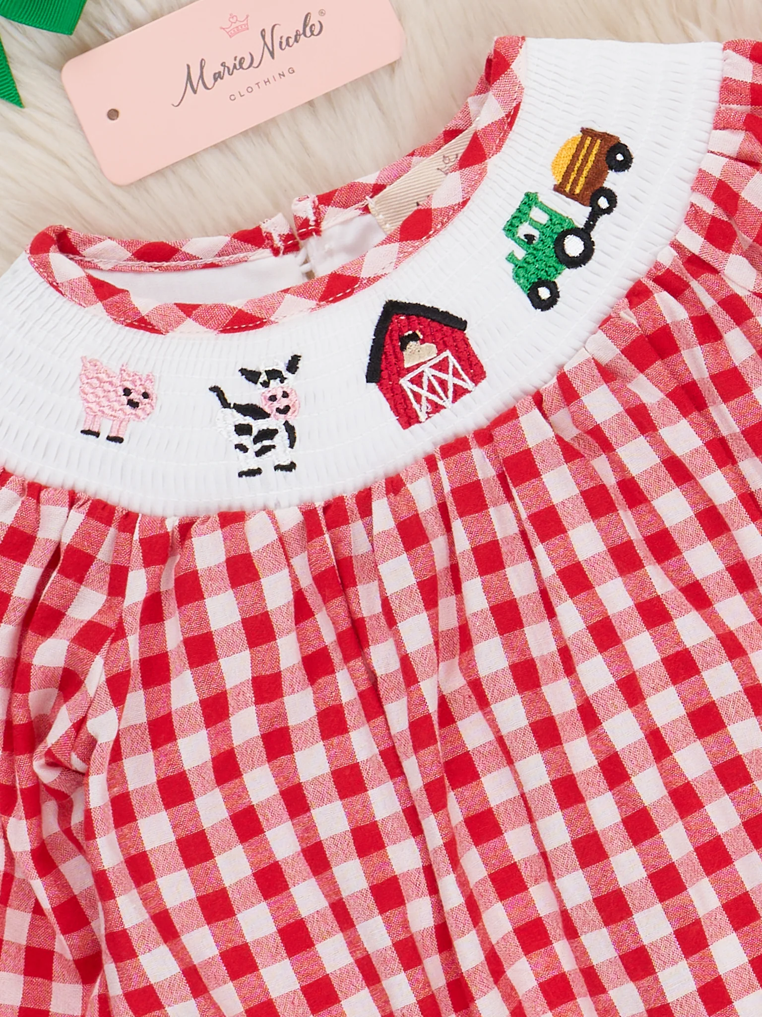 Smocked Embroidered Gingham Barnyard Bubble Romper - Image 2