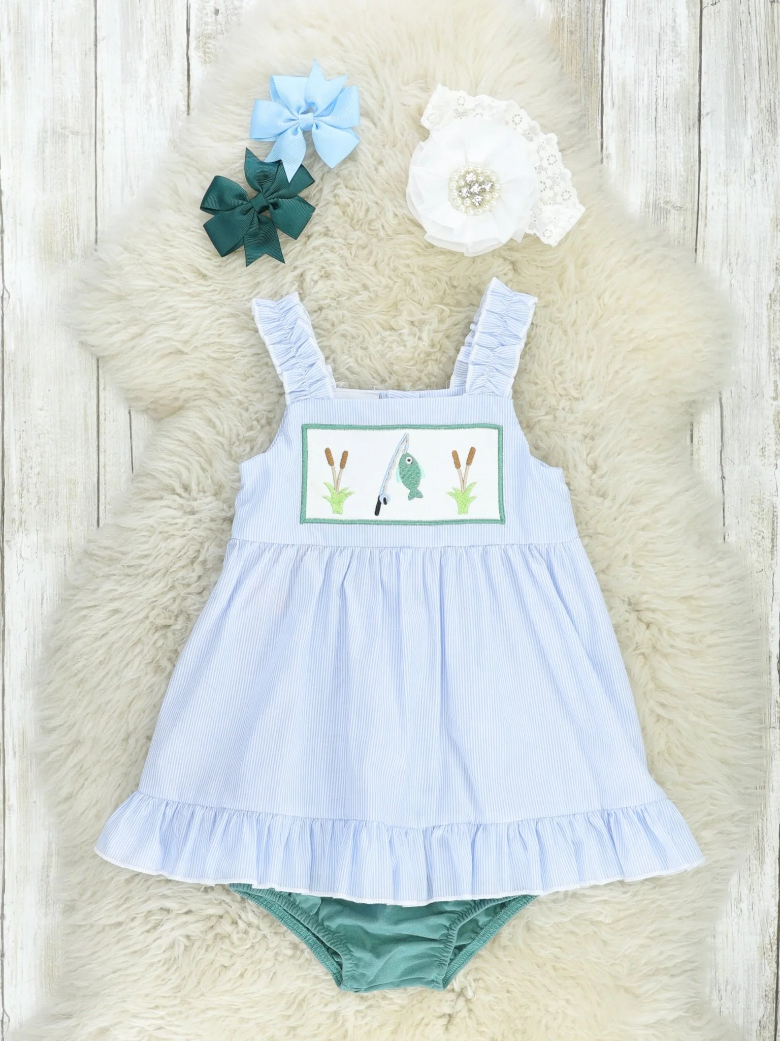 Smocked Fishing Ruffle Bloomers Outfit