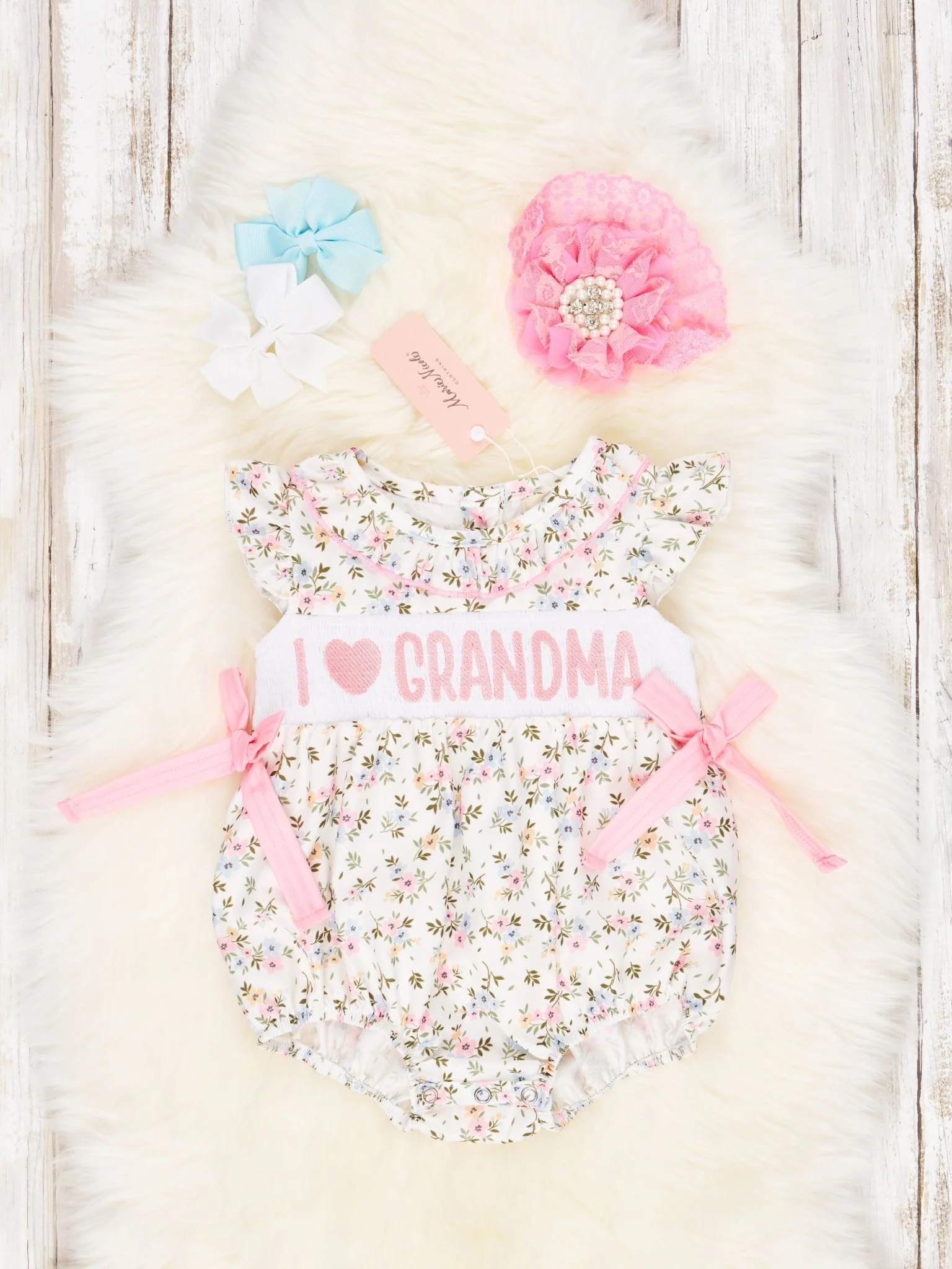 Smocked Floral "I Love Grandma" Ruffle Romper