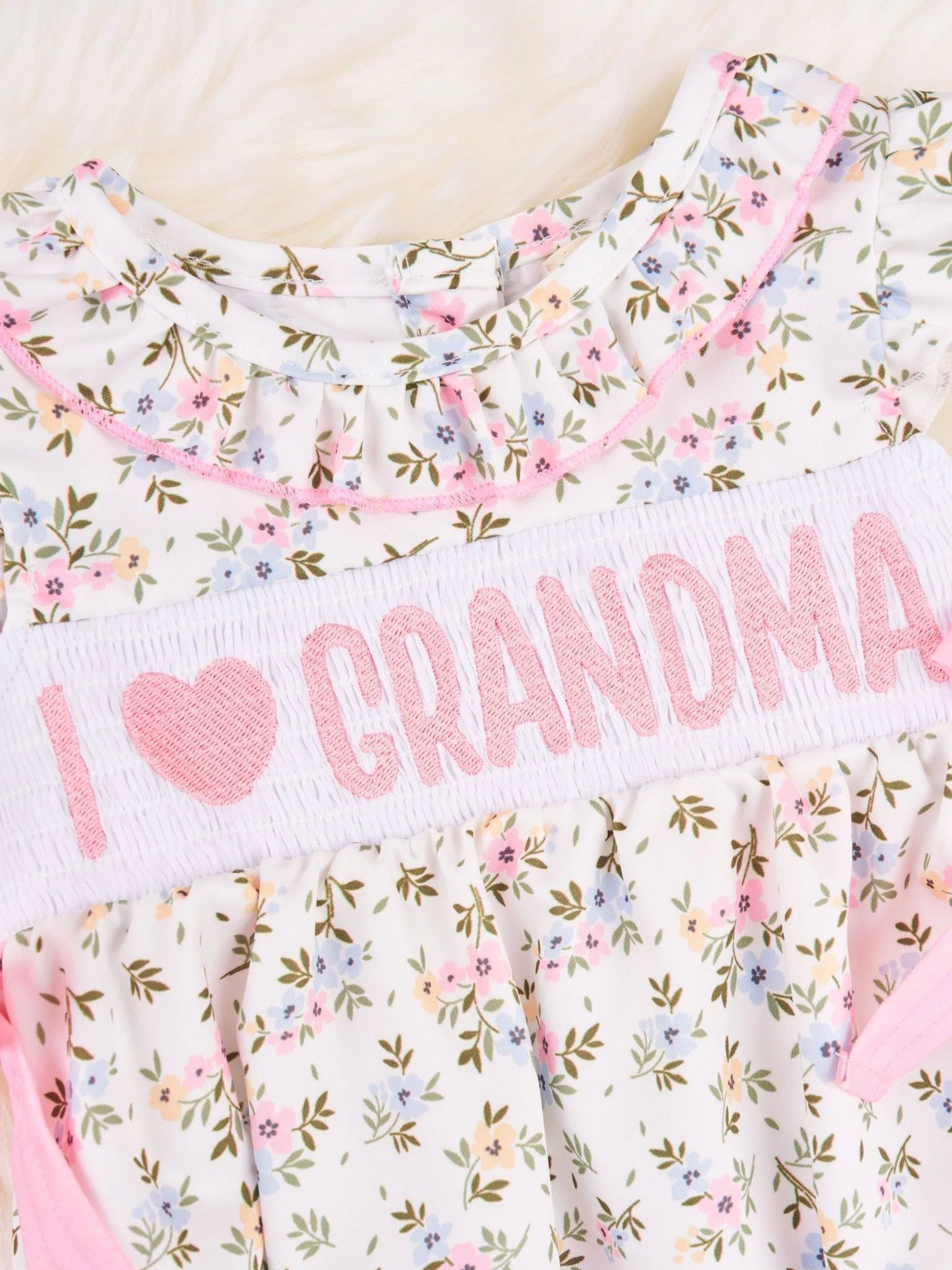 Smocked Floral "I Love Grandma" Ruffle Romper - Image 3