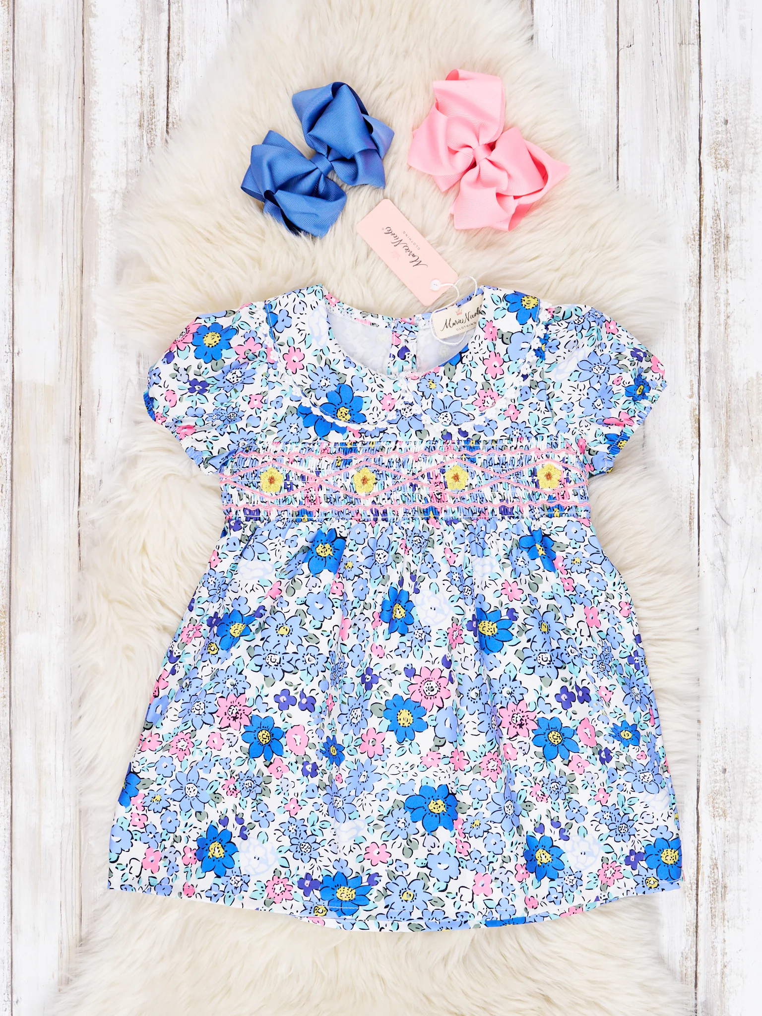 Smocked Navy Floral Vintage Dress