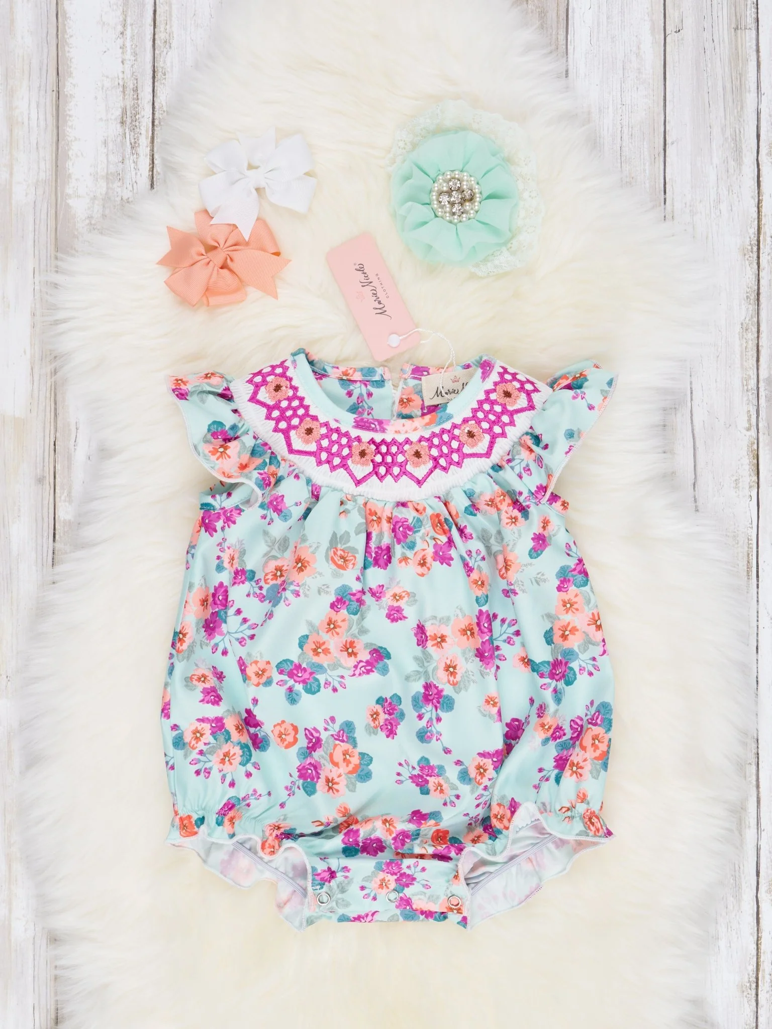Smocked Orange Floral Ruffle Bubble Romper