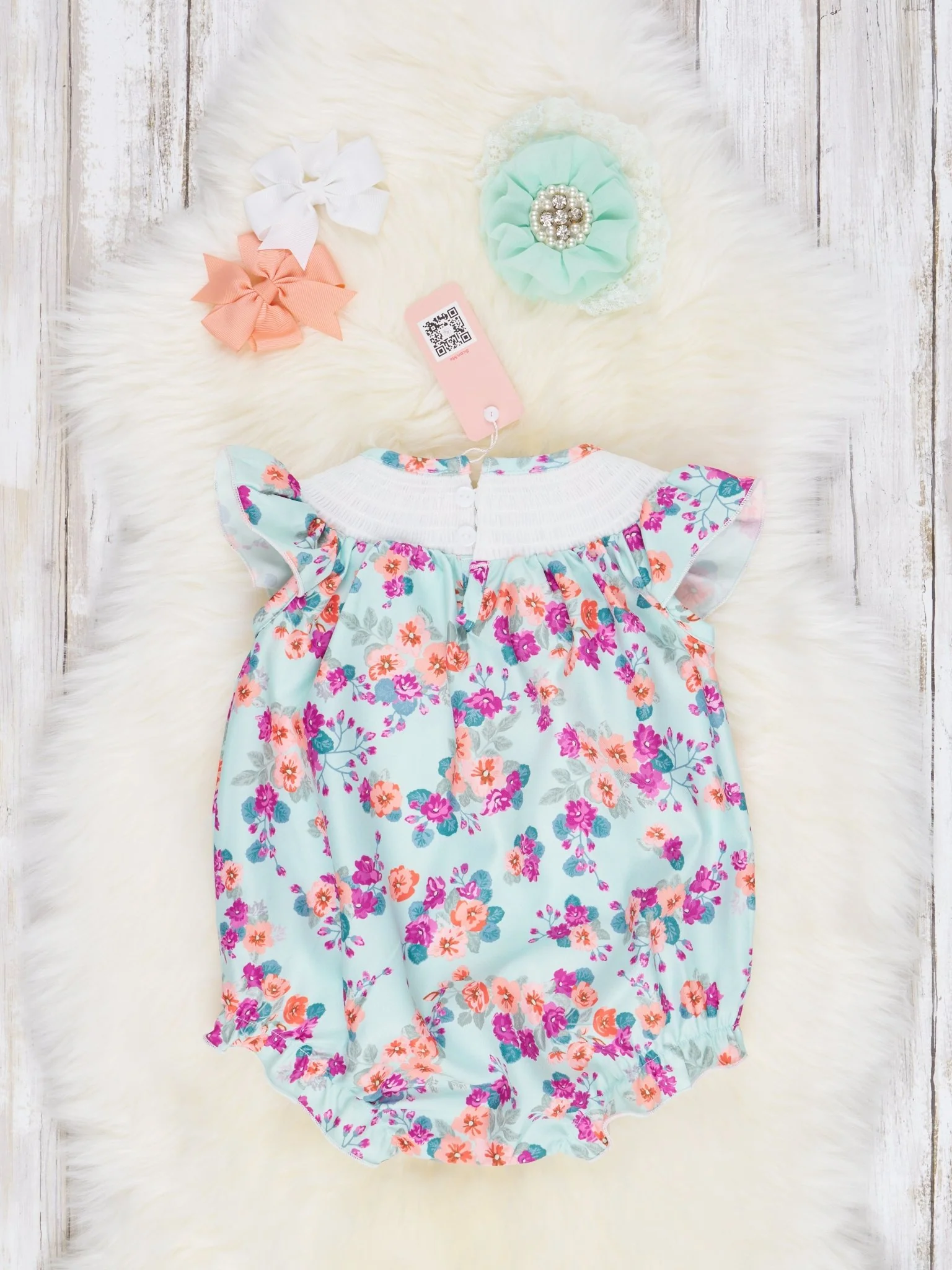 Smocked Orange Floral Ruffle Bubble Romper - Image 2