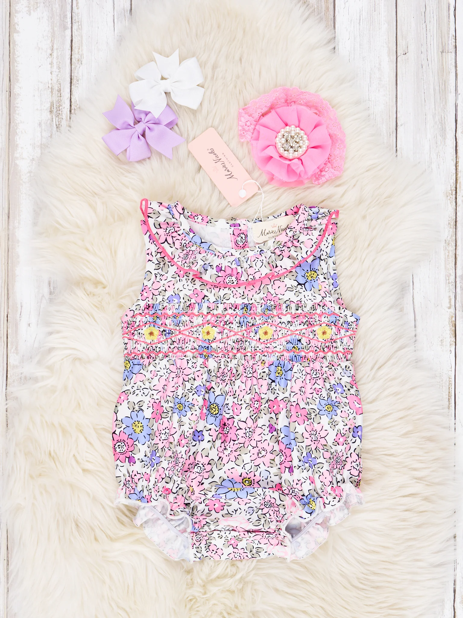Smocked Pink Floral Ruffle Tank Romper