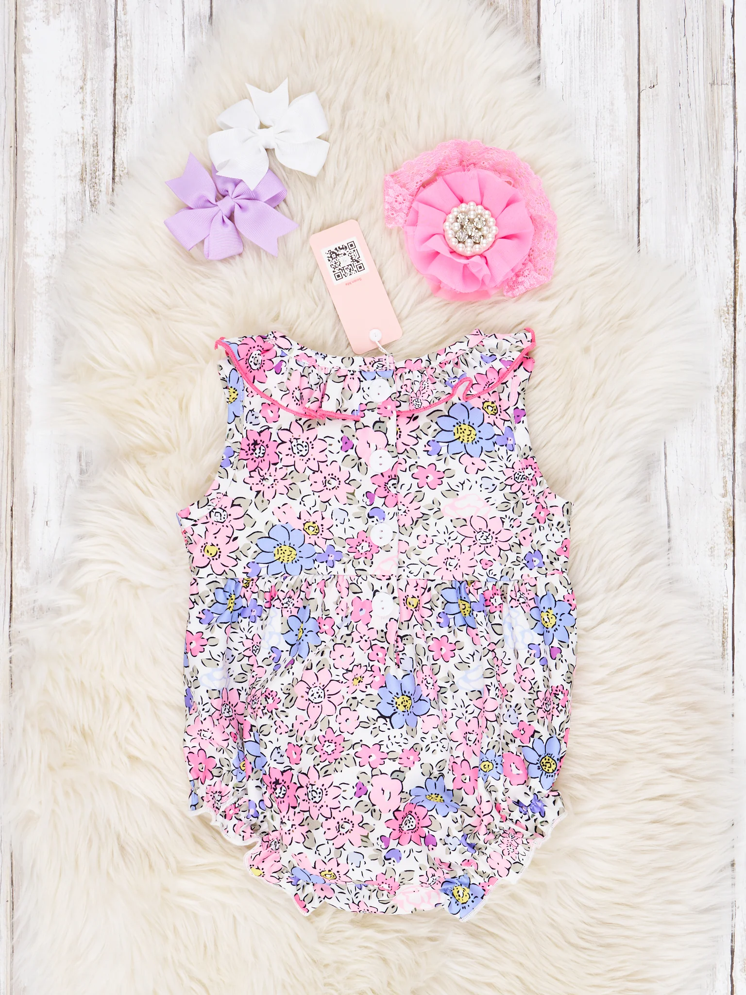 Smocked Pink Floral Ruffle Tank Romper - Image 2