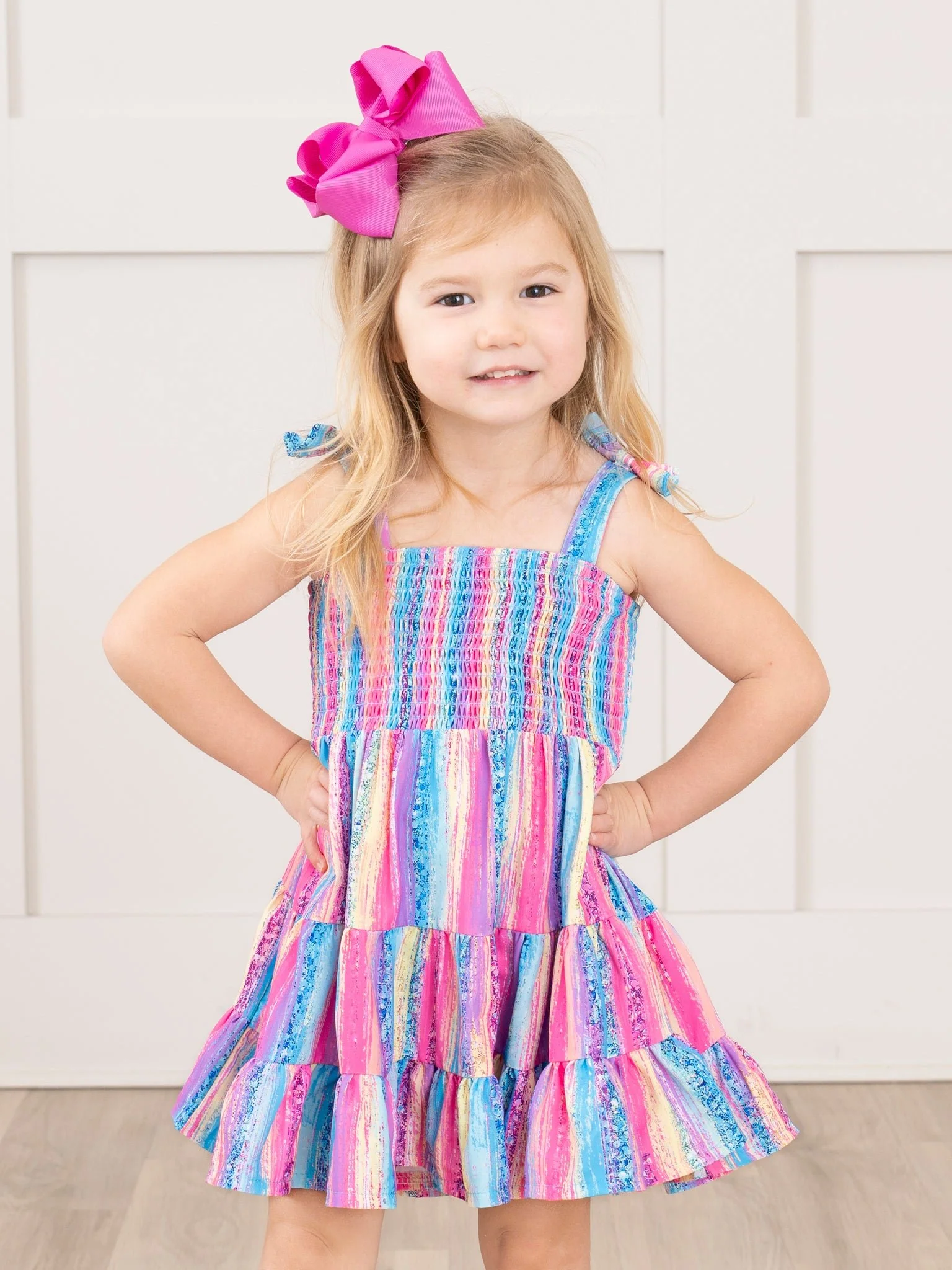 Smocked Rainbow Streamers Tiered Ruffle Dress