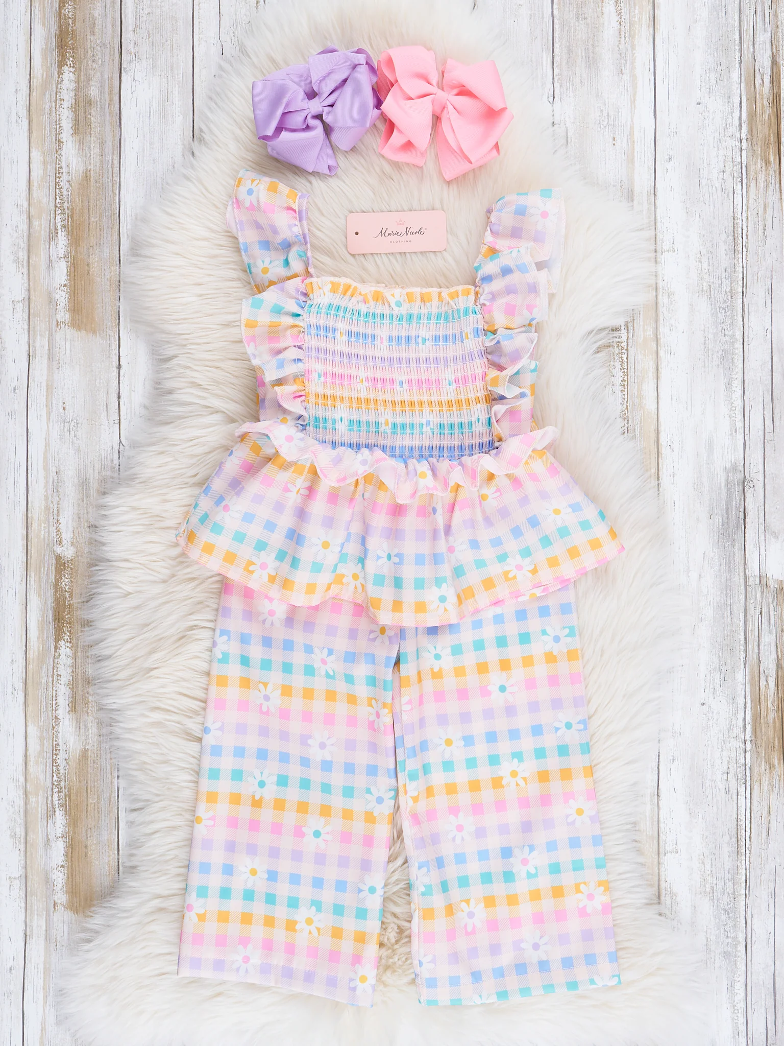 Smocked Rainbow Stripes & Blooms Ruffle Outfit