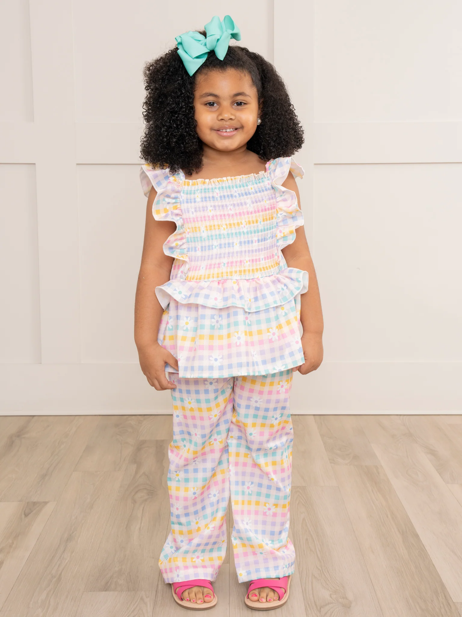 Smocked Rainbow Stripes & Blooms Ruffle Outfit - Image 2