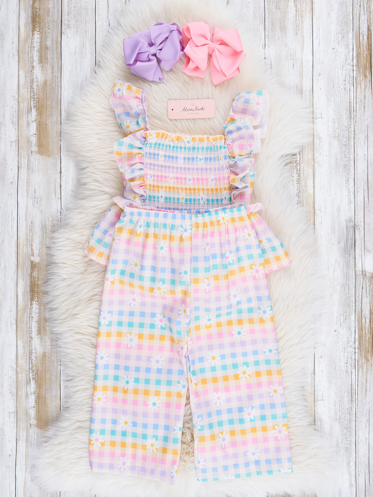 Smocked Rainbow Stripes & Blooms Ruffle Outfit - Image 3