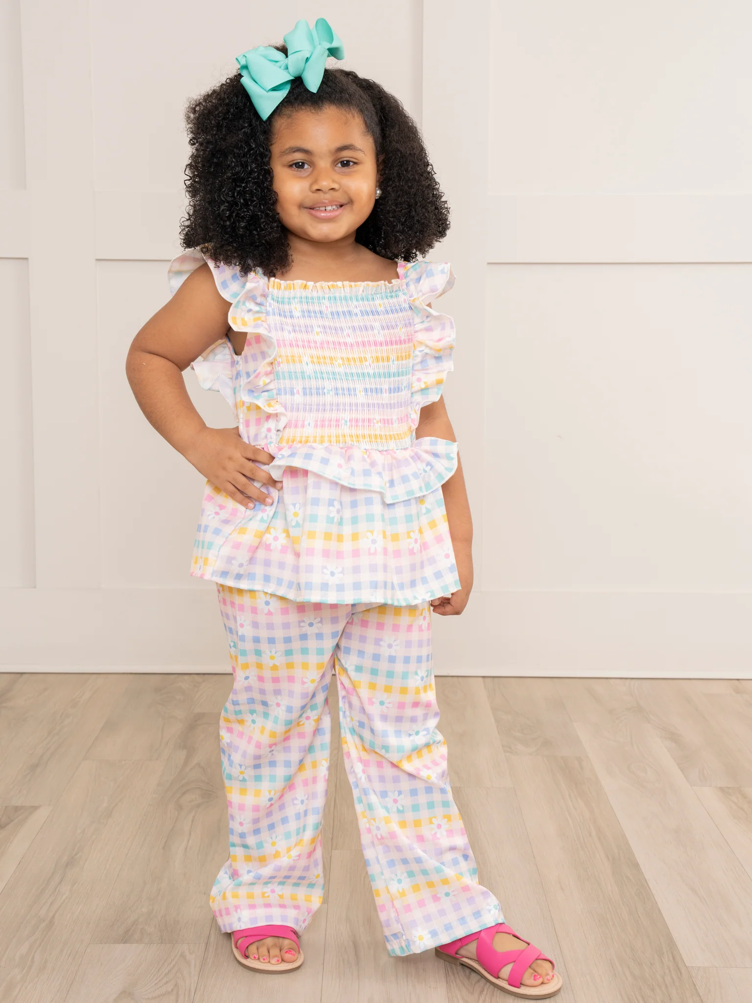 Smocked Rainbow Stripes & Blooms Ruffle Outfit - Image 4