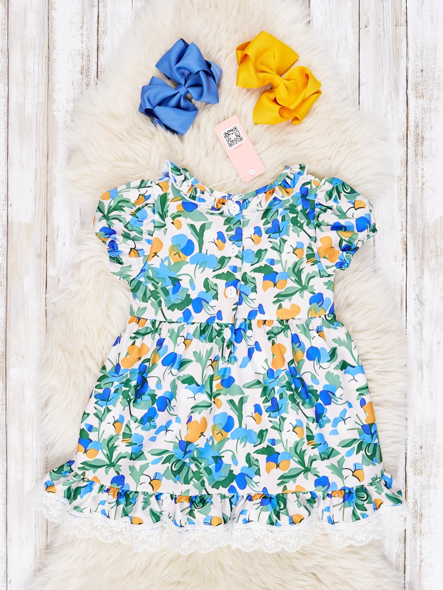 Smocked Royal Blue Floral Ruffle Dress - Image 2