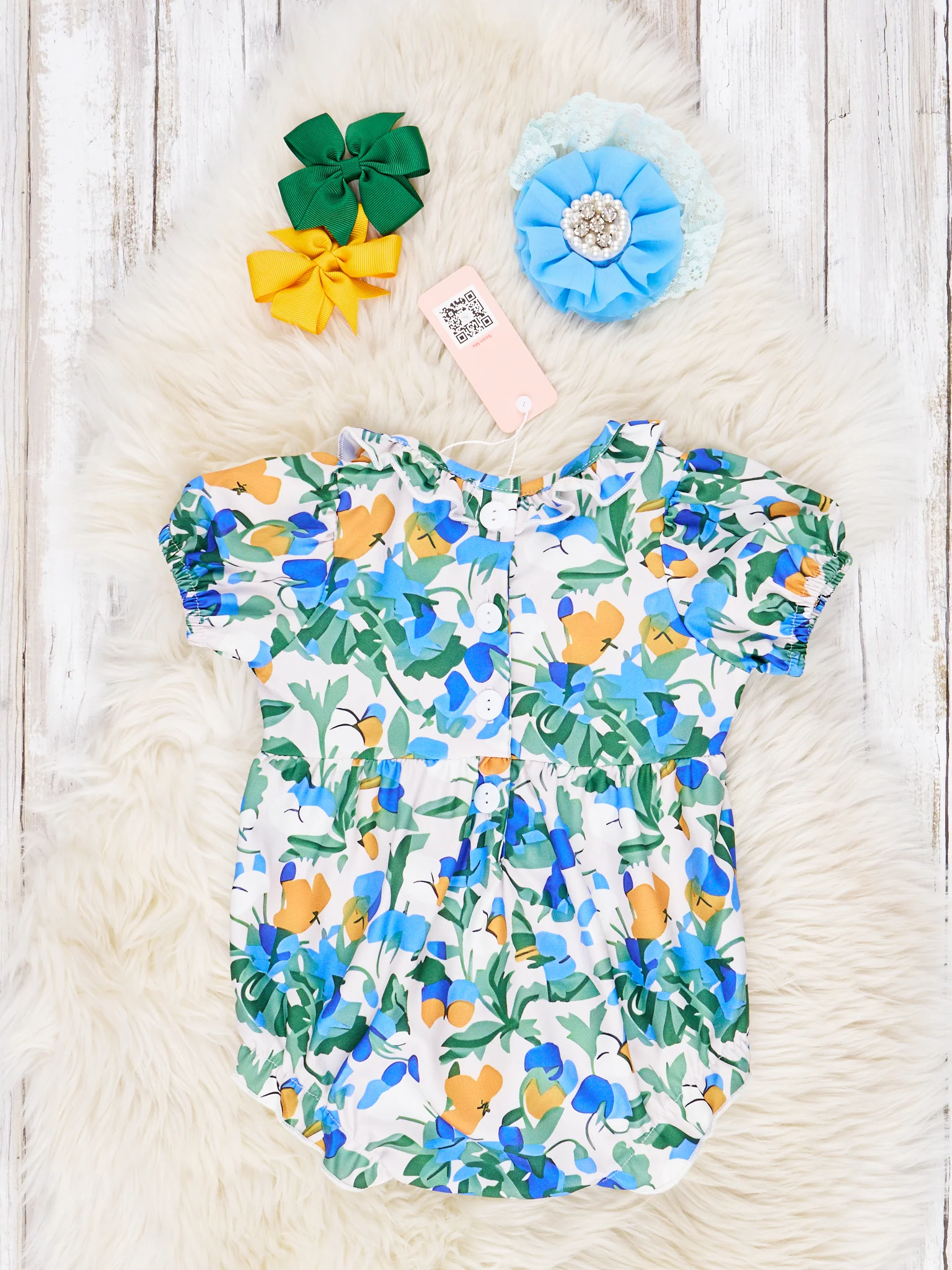 Smocked Royal Blue Floral Ruffle Romper - Image 2