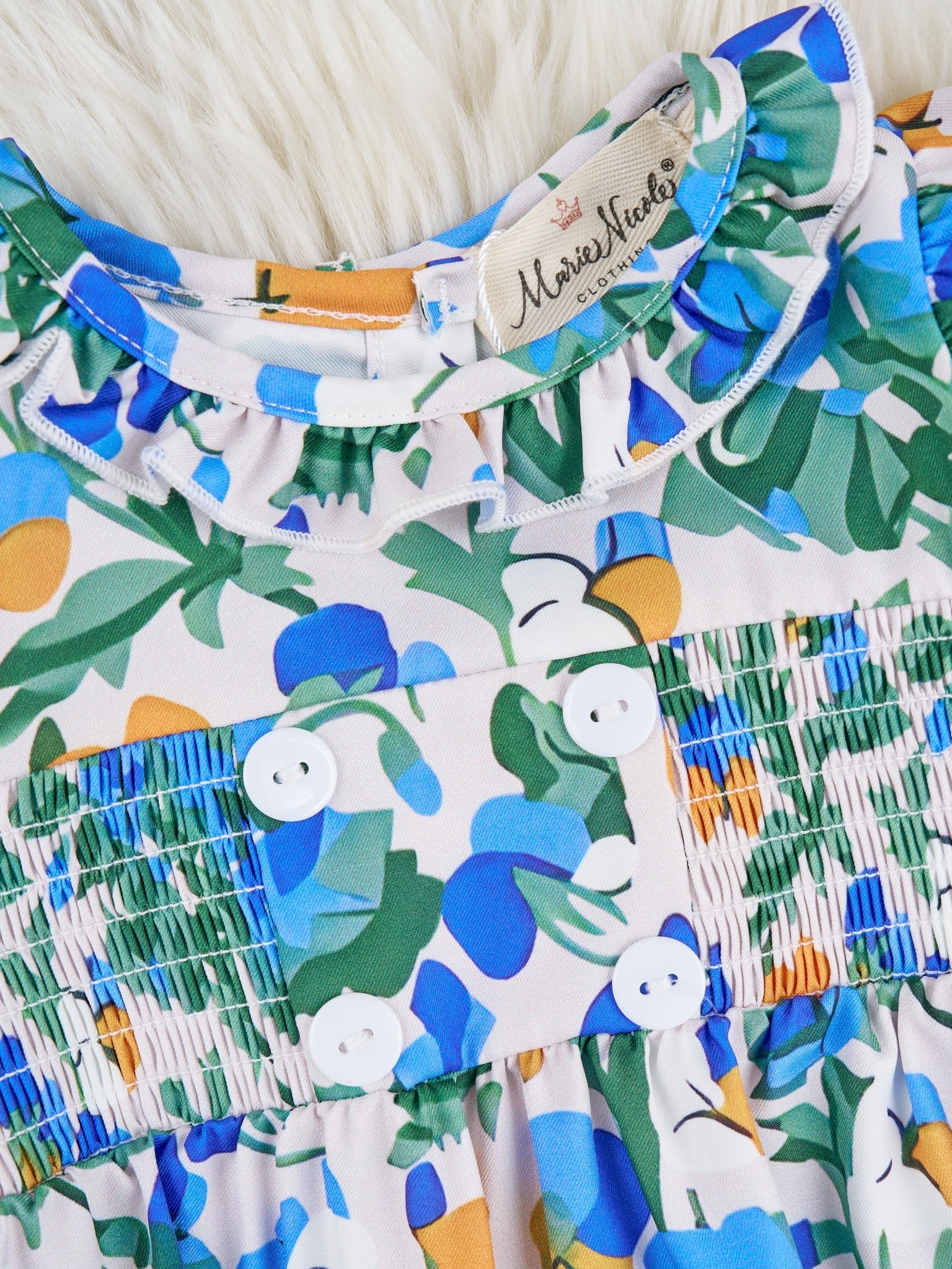 Smocked Royal Blue Floral Ruffle Romper - Image 3