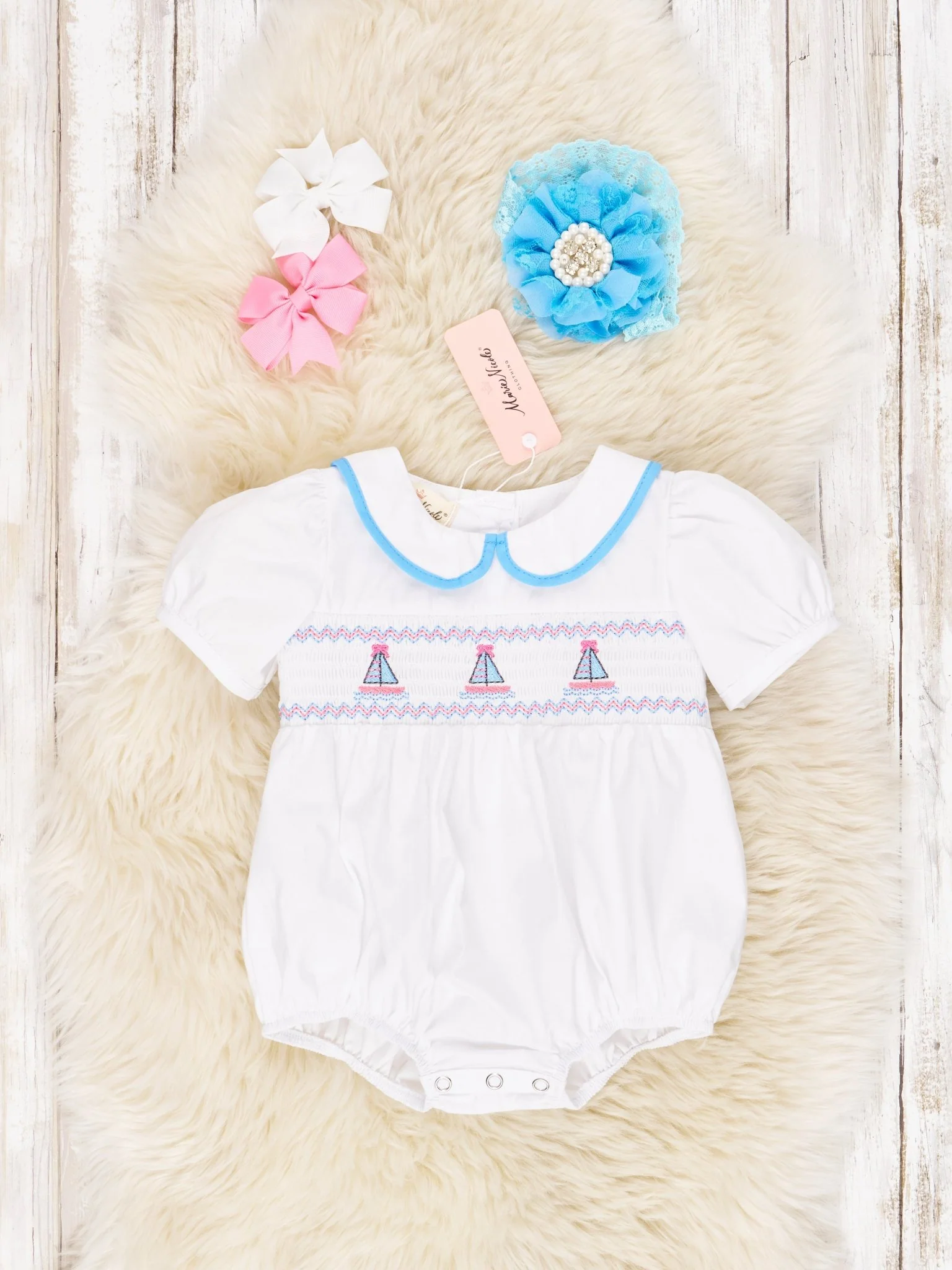 Smocked Sail Boat Vintage Romper