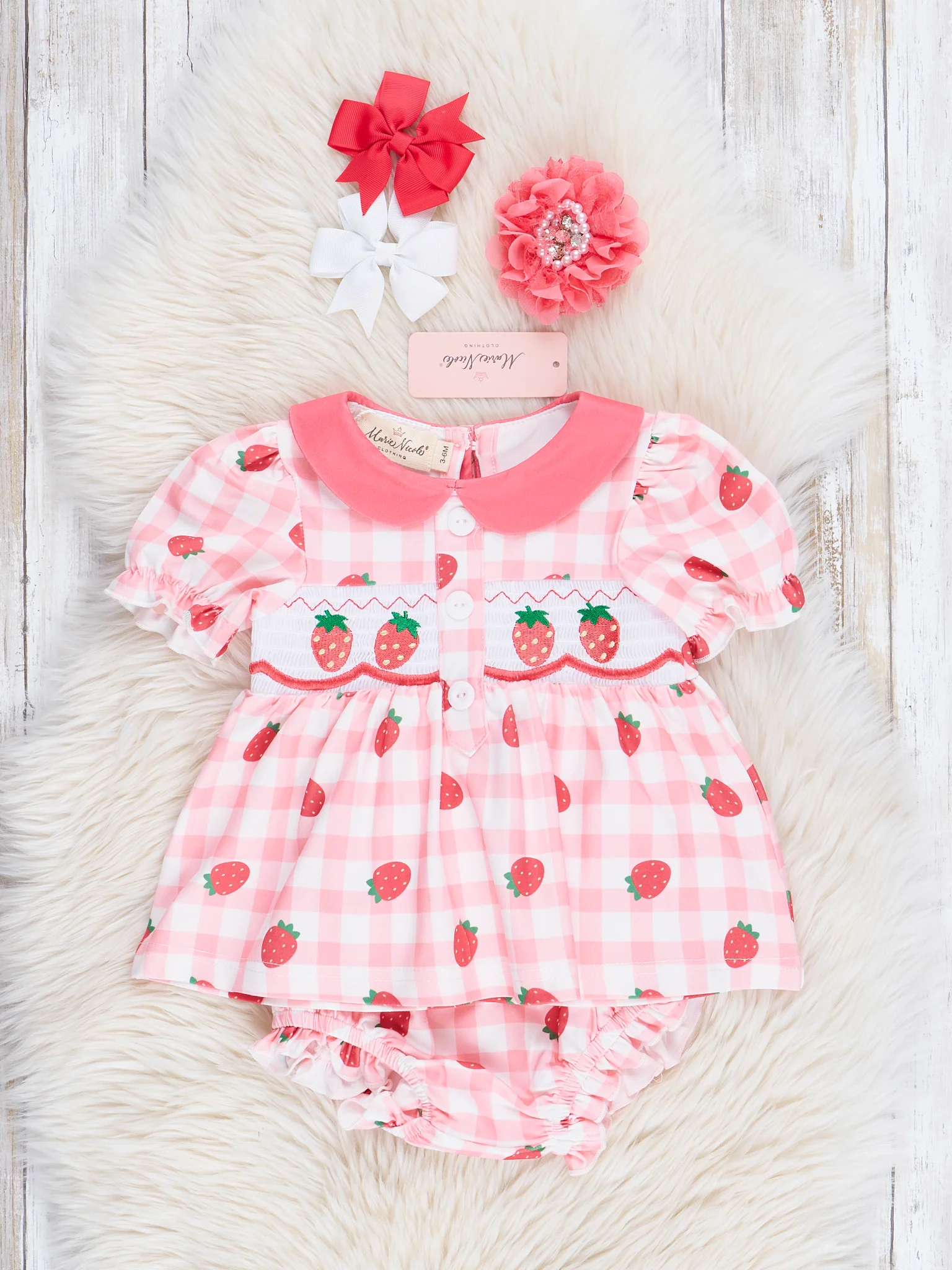 Smocked Strawberry Gingham Bloomers Outfit