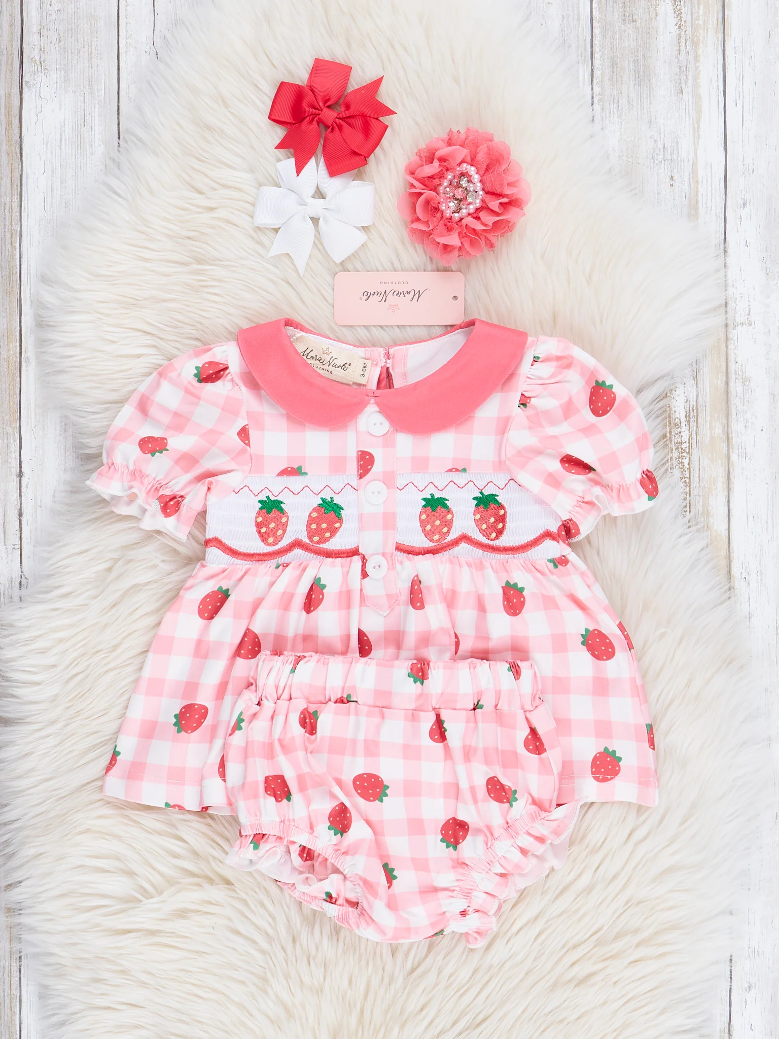 Smocked Strawberry Gingham Bloomers Outfit - Image 2