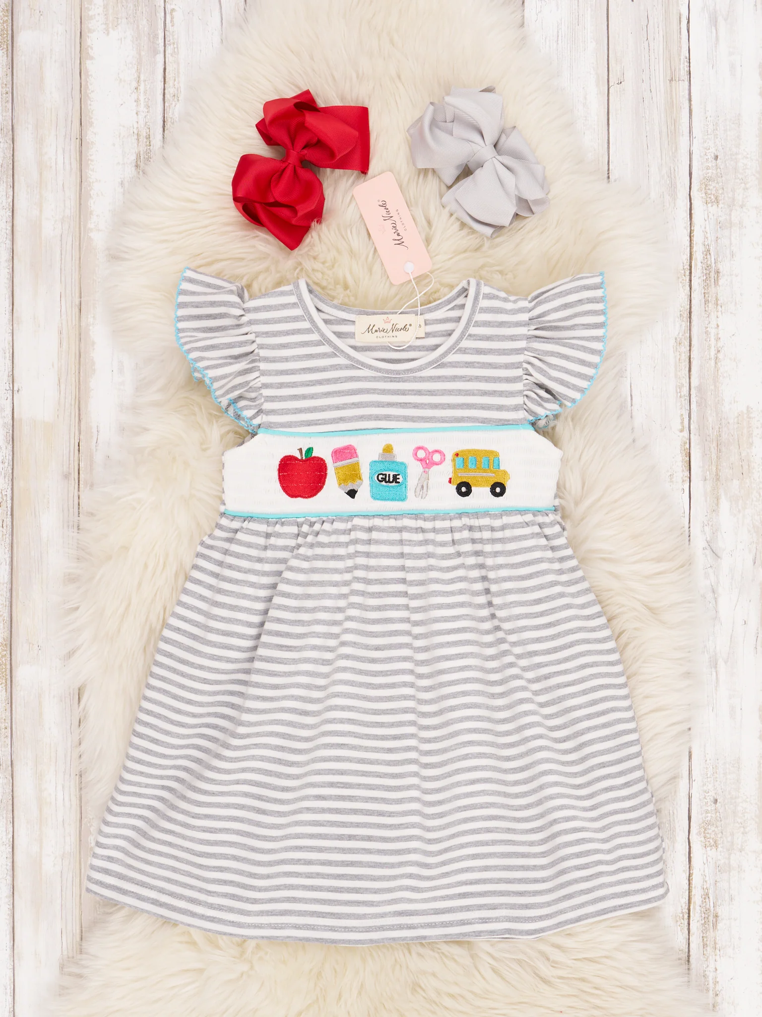 Smocked Stripe School Supplies Ruffle Dress