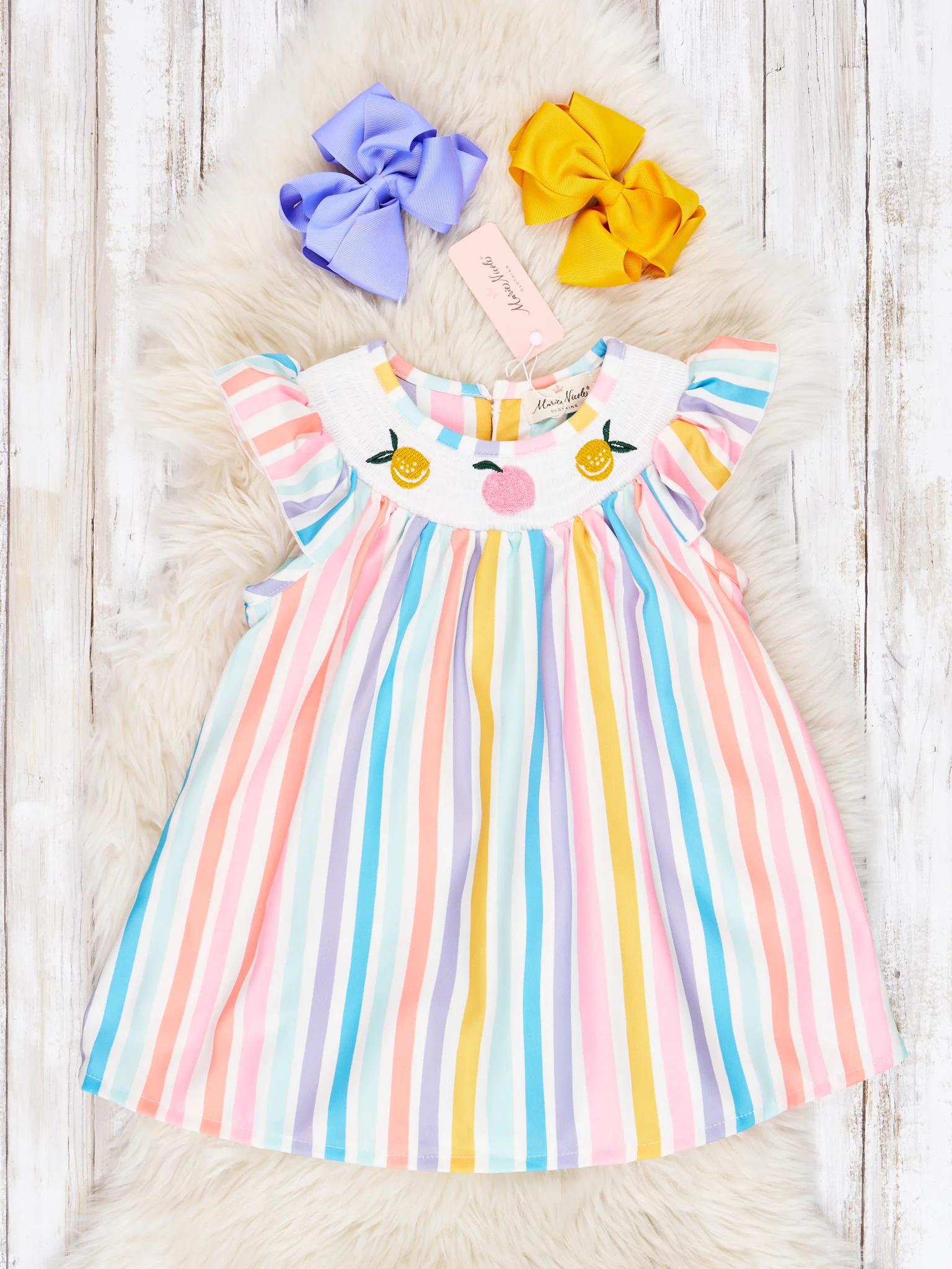 Smocked Striped Citrus Ruffle Dress