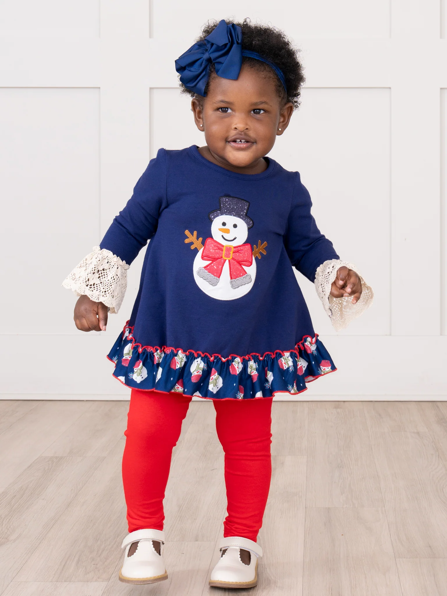 Snowman Embroidered Lace Ruffle Outfit