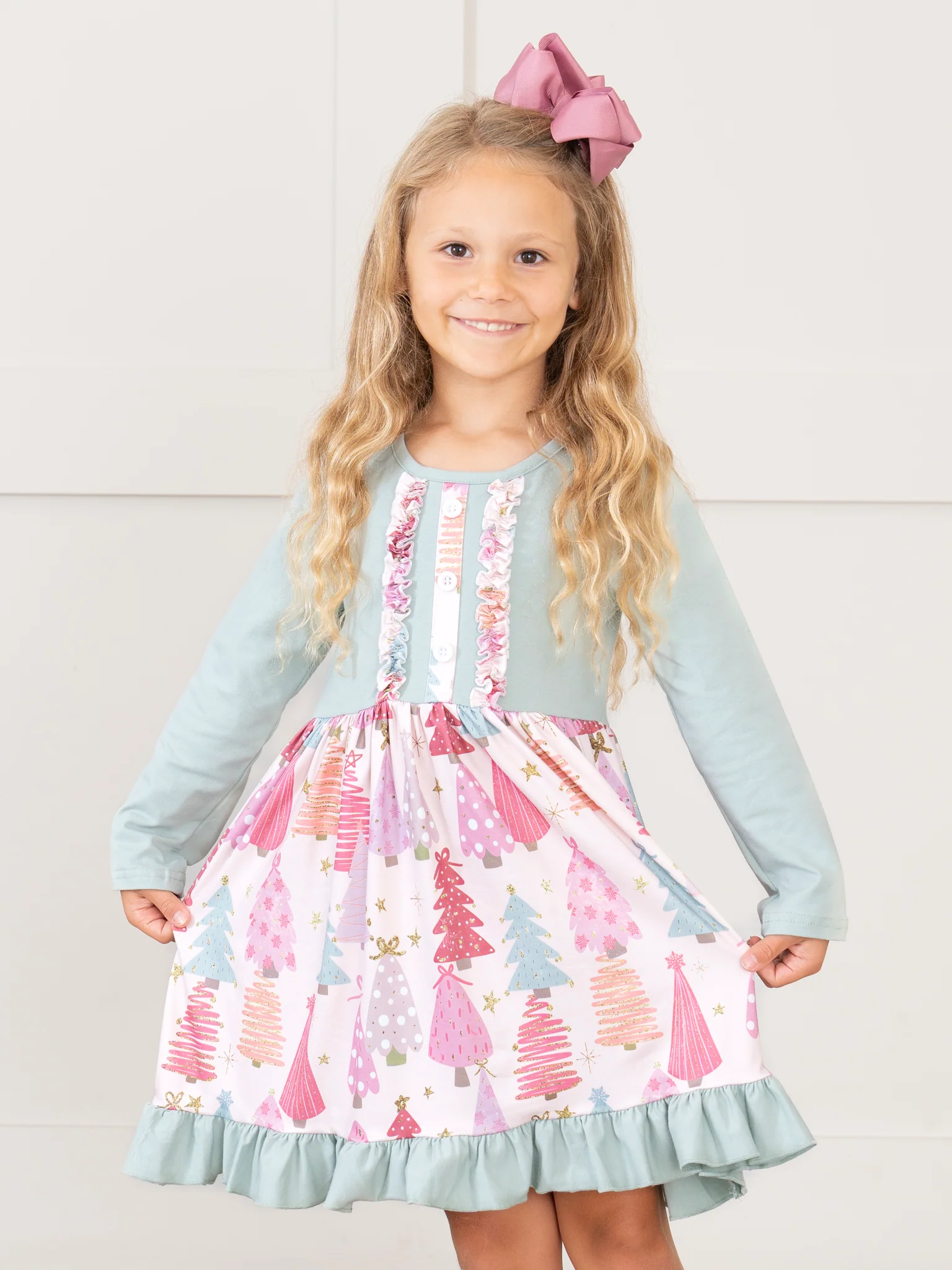 Soft Mint & Pink Christmas Trees Ruffle Dress