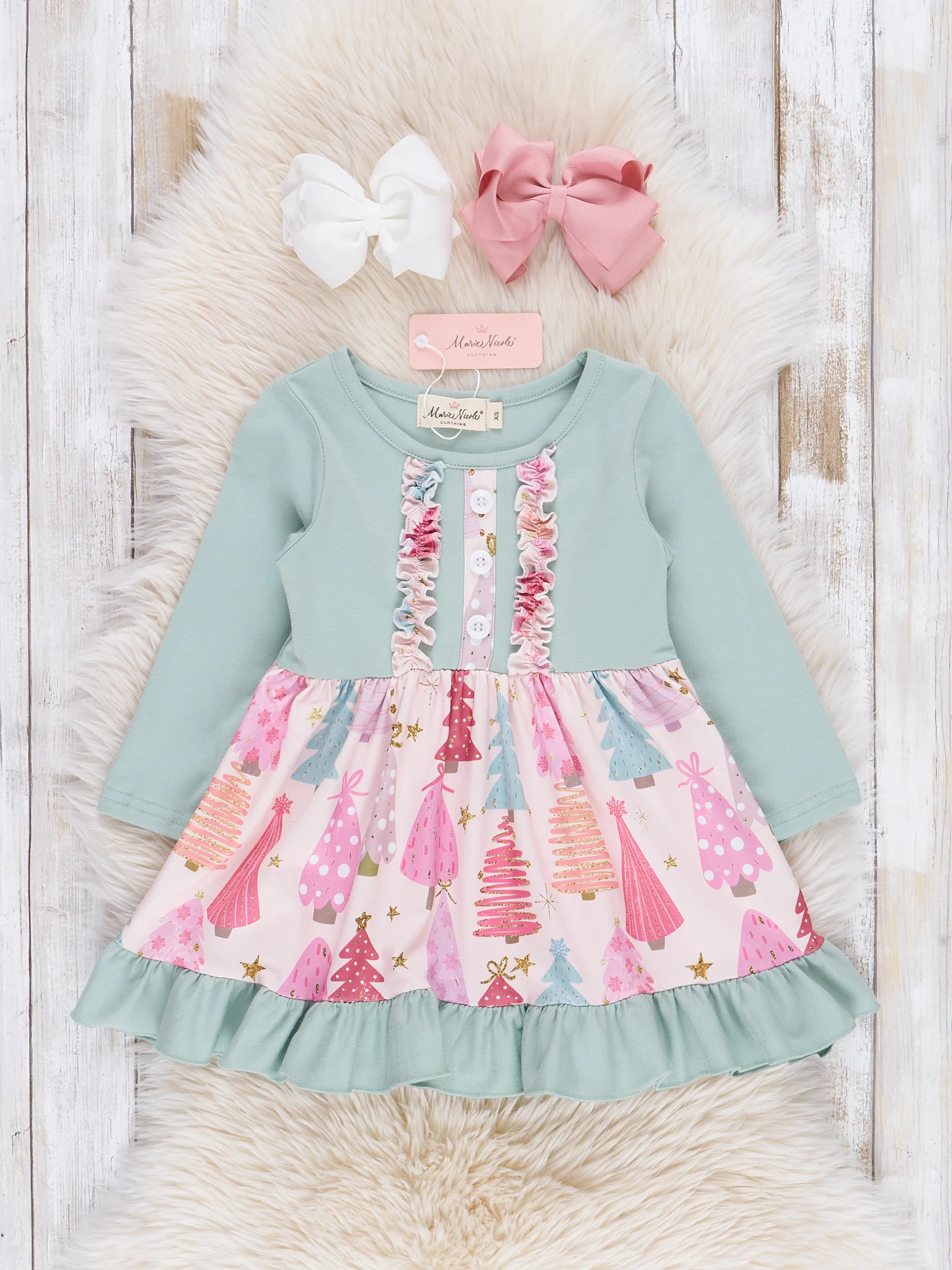 Soft Mint & Pink Christmas Trees Ruffle Dress - Image 2