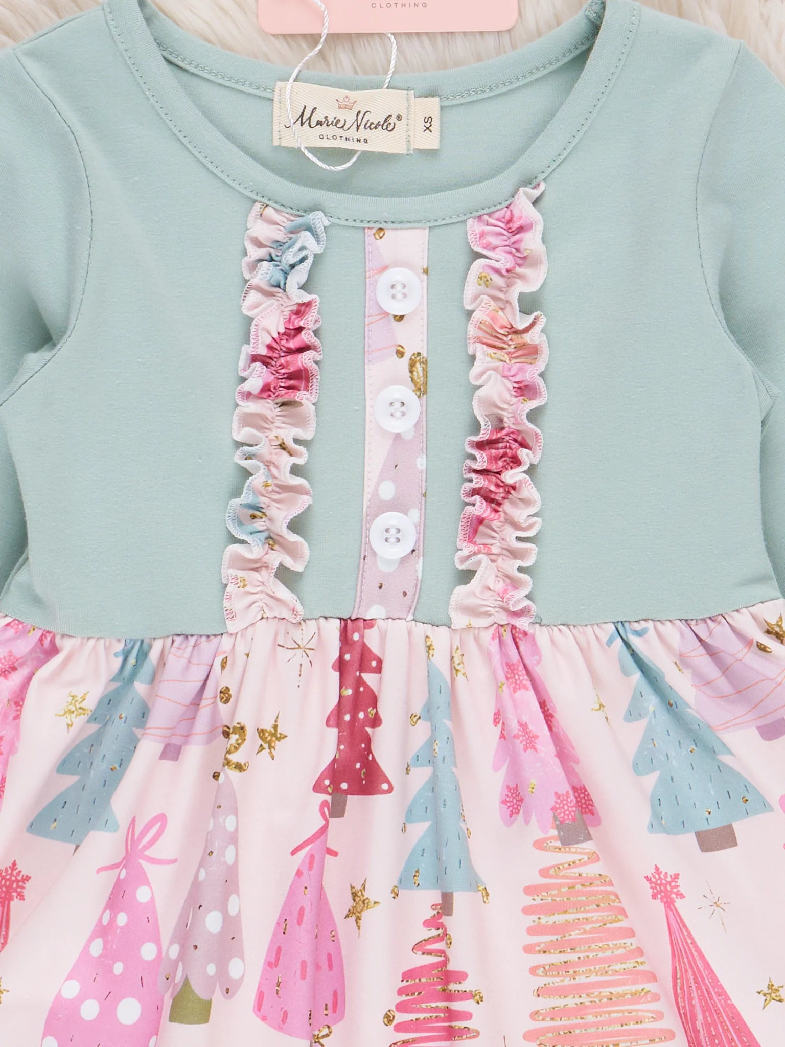 Soft Mint & Pink Christmas Trees Ruffle Dress - Image 3