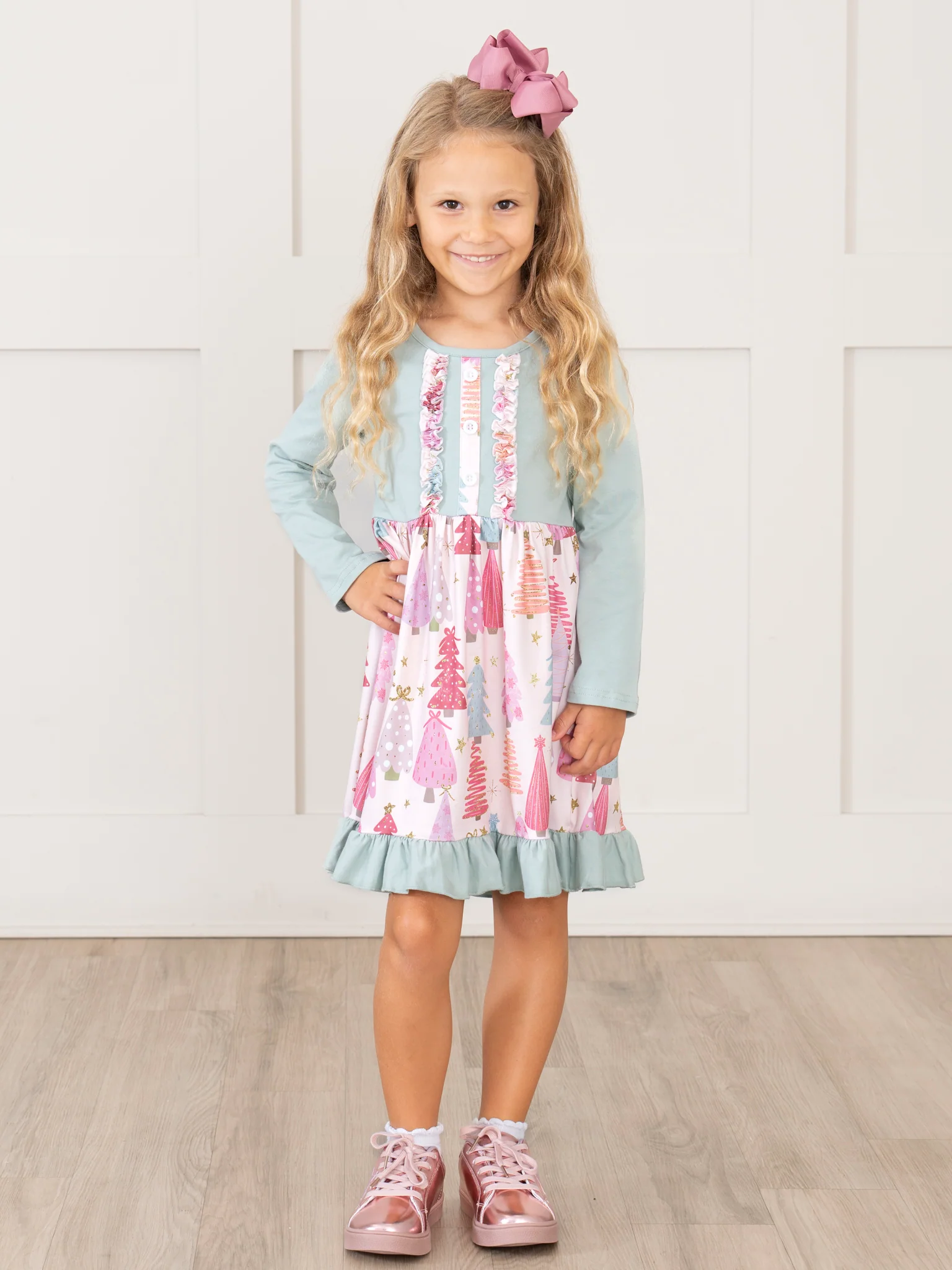 Soft Mint & Pink Christmas Trees Ruffle Dress - Image 5