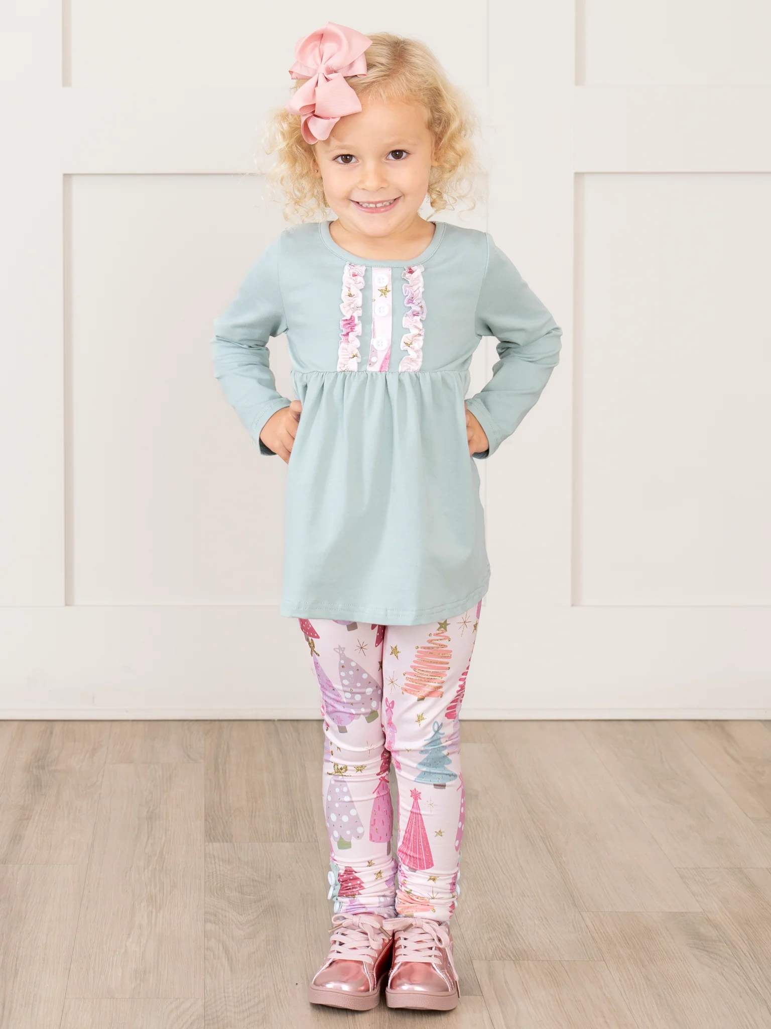 Soft Mint & Pink Christmas Trees Ruffle Outfit
