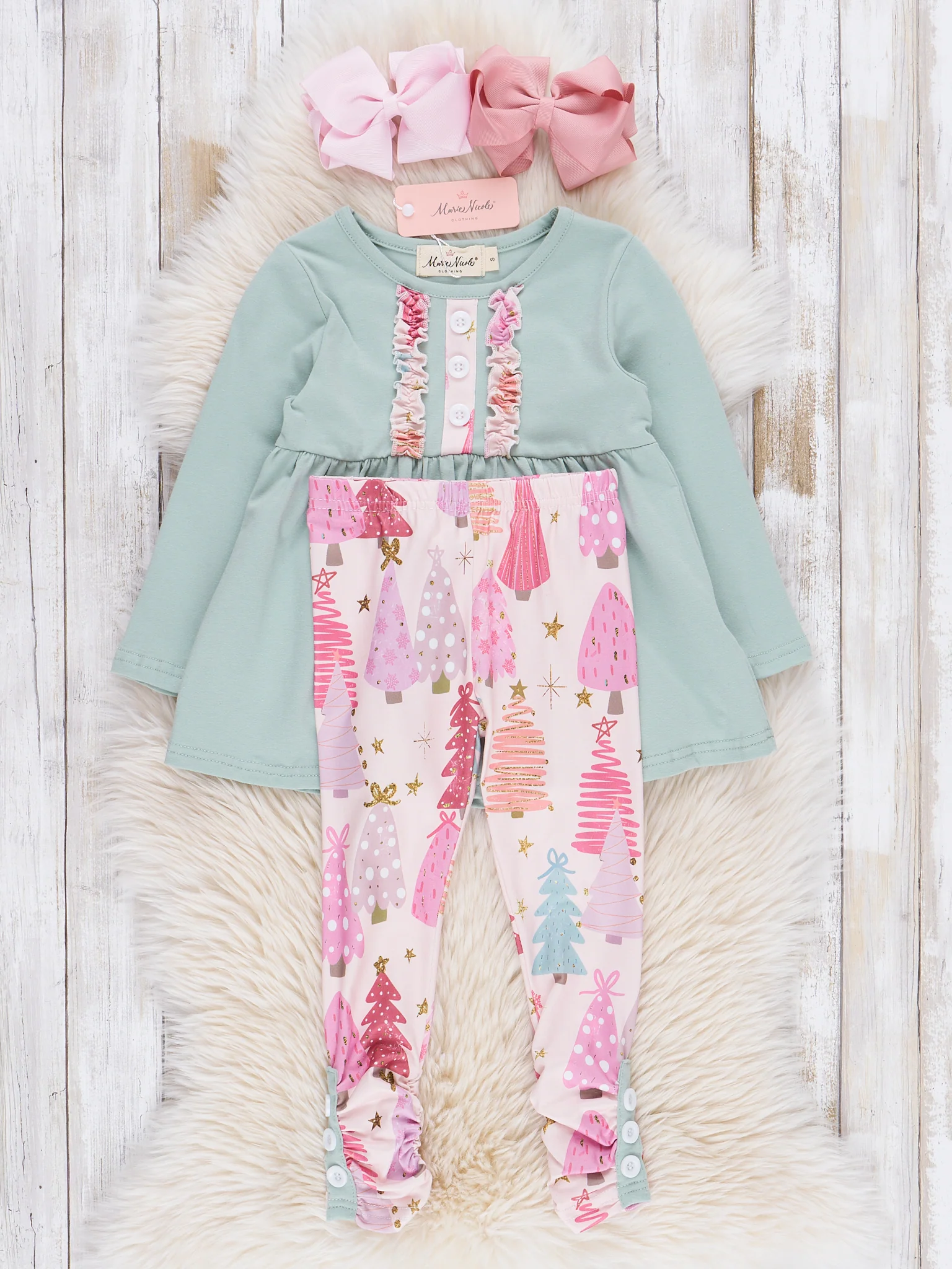 Soft Mint & Pink Christmas Trees Ruffle Outfit - Image 3