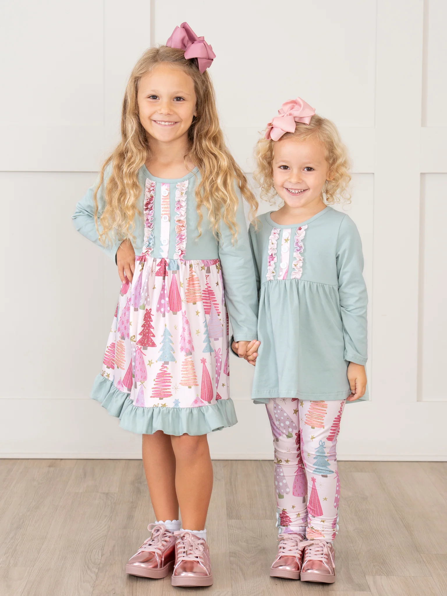 Soft Mint & Pink Christmas Trees Ruffle Outfit - Image 5
