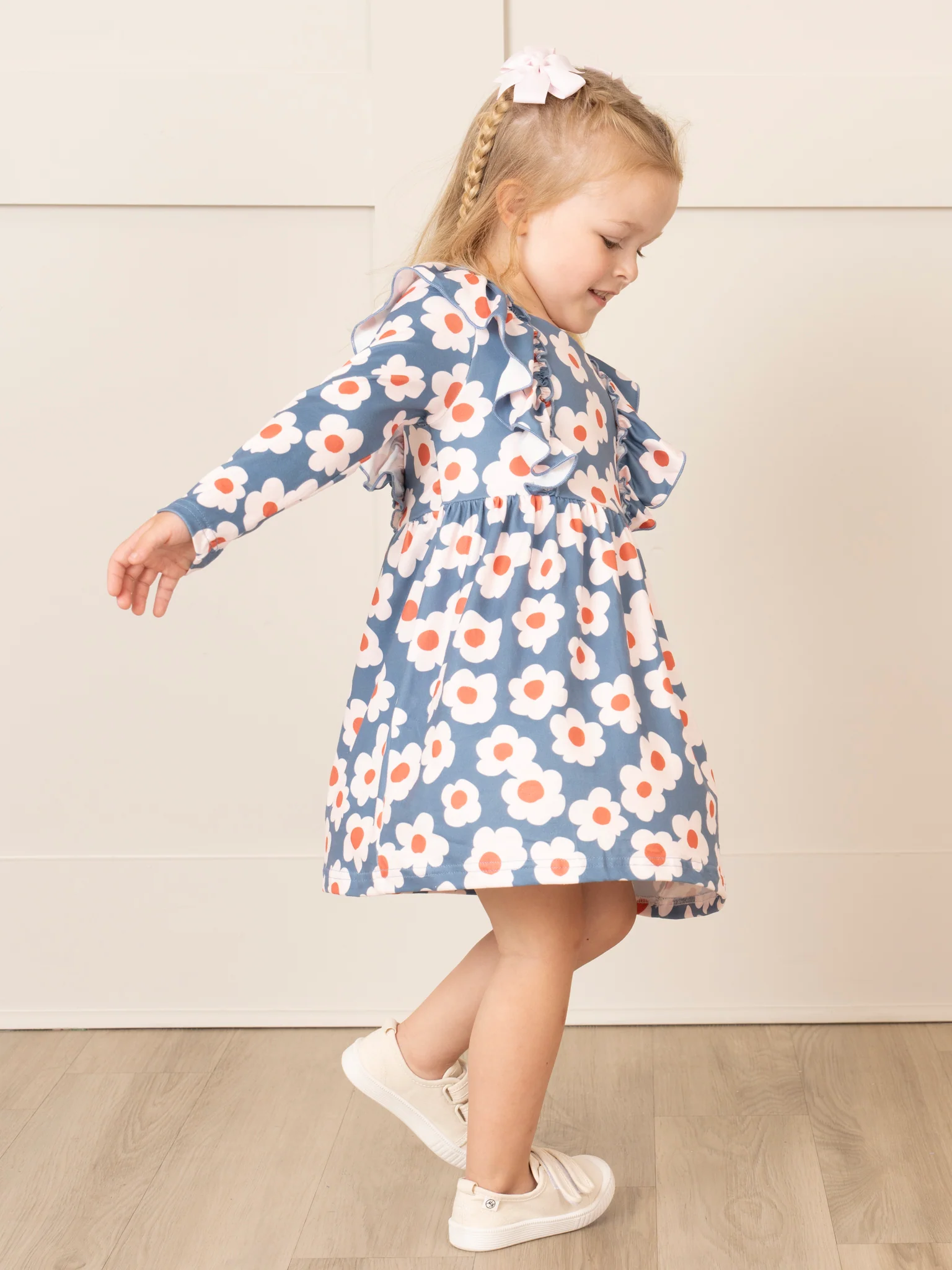 Soft Orange & Blue Daisy Ruffle Dress - Image 3