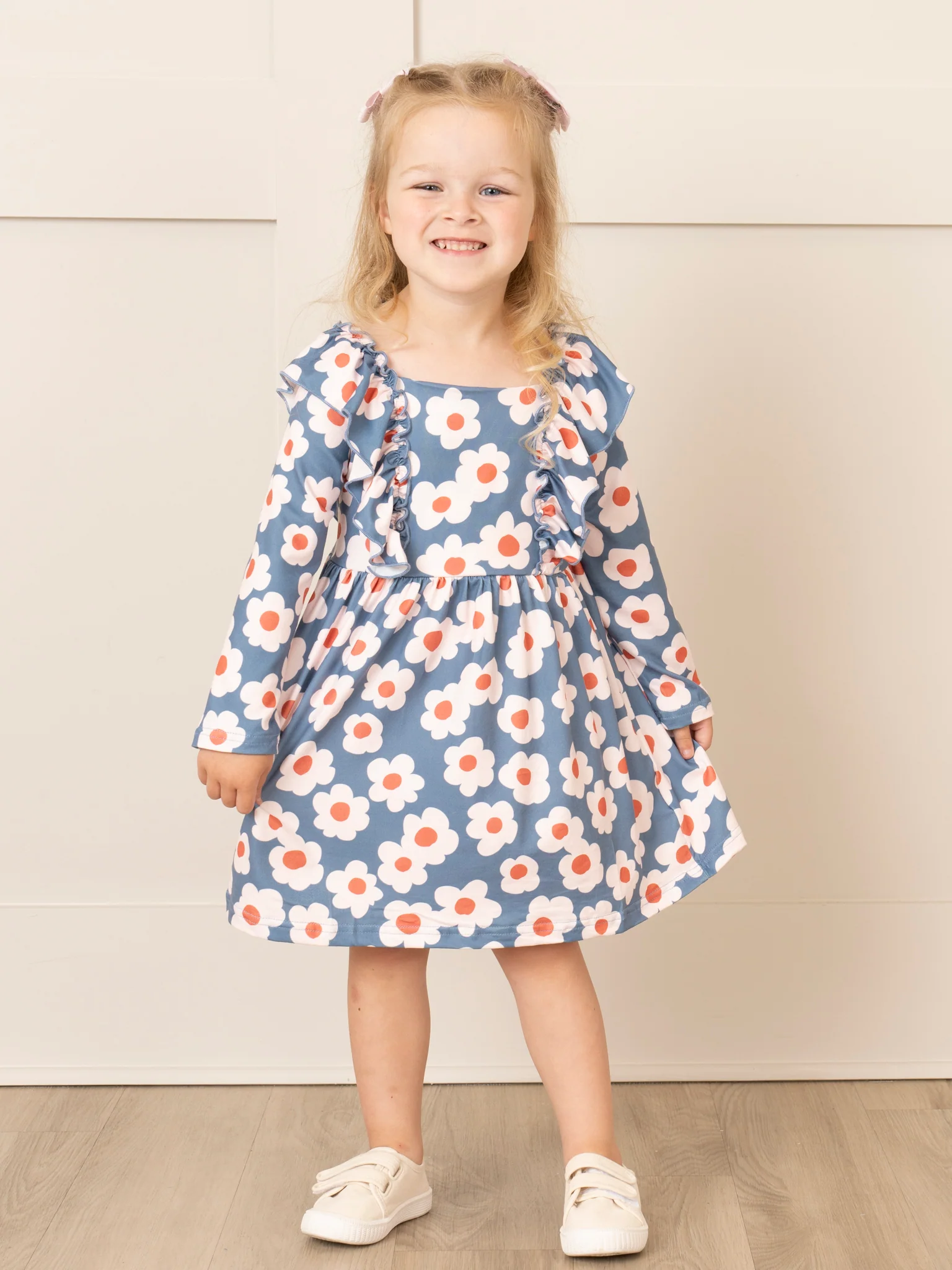 Soft Orange & Blue Daisy Ruffle Dress - Image 4