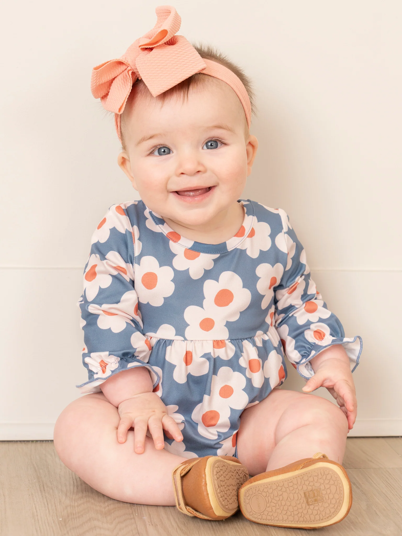 Soft Orange & Blue Daisy Ruffle Bubble Romper - Image 3