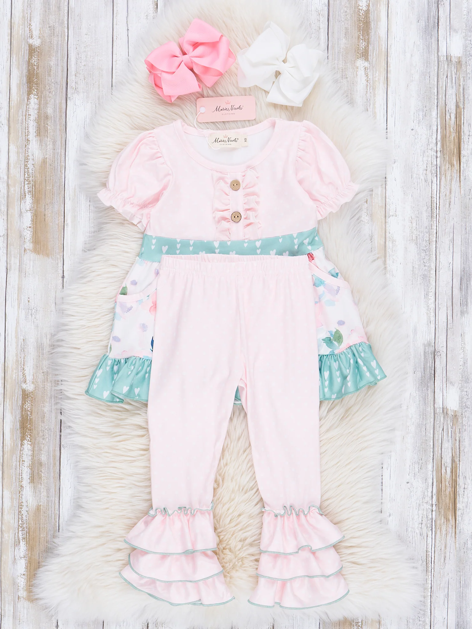 Soft Peach & Green Florals Ruffle Outfit - Image 2