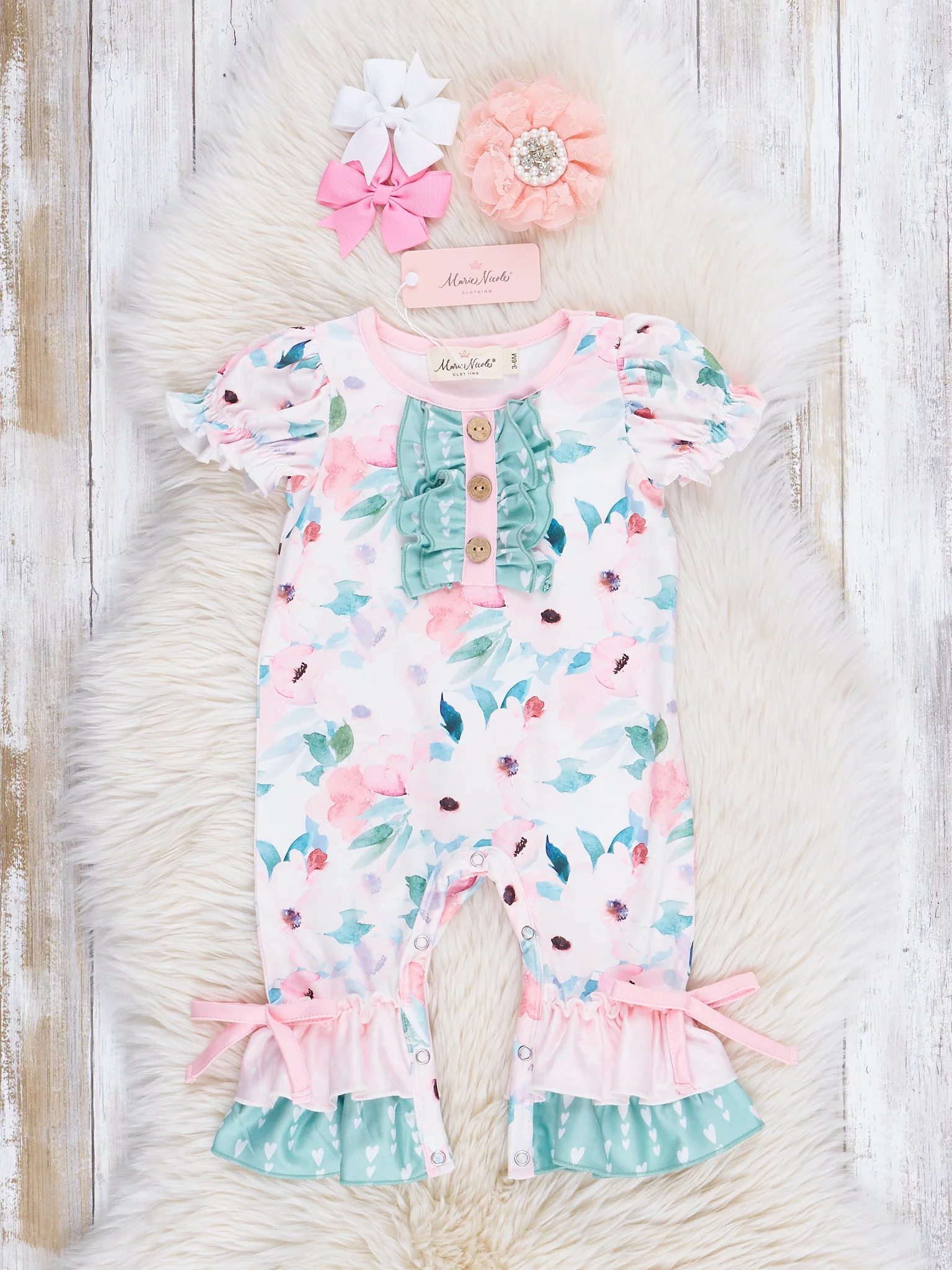 Soft Peach & Green Florals Ruffle Romper
