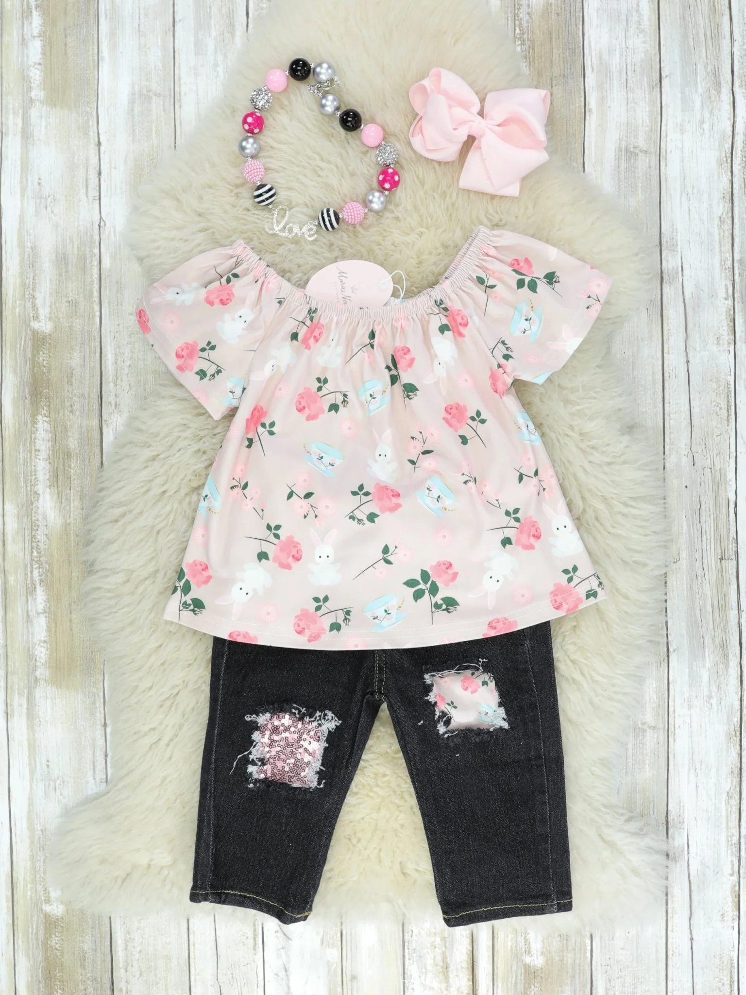 Bunny Soft Pink Floral Denim Outfit